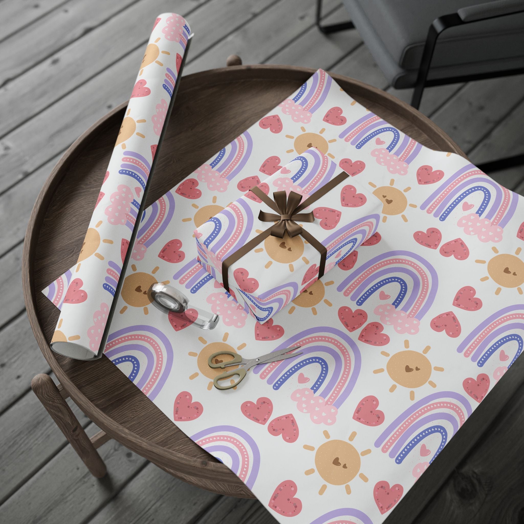 Valentines Boho Rainbow Hearts Pattern, Abstract Sun and Waves Wrapping Paper