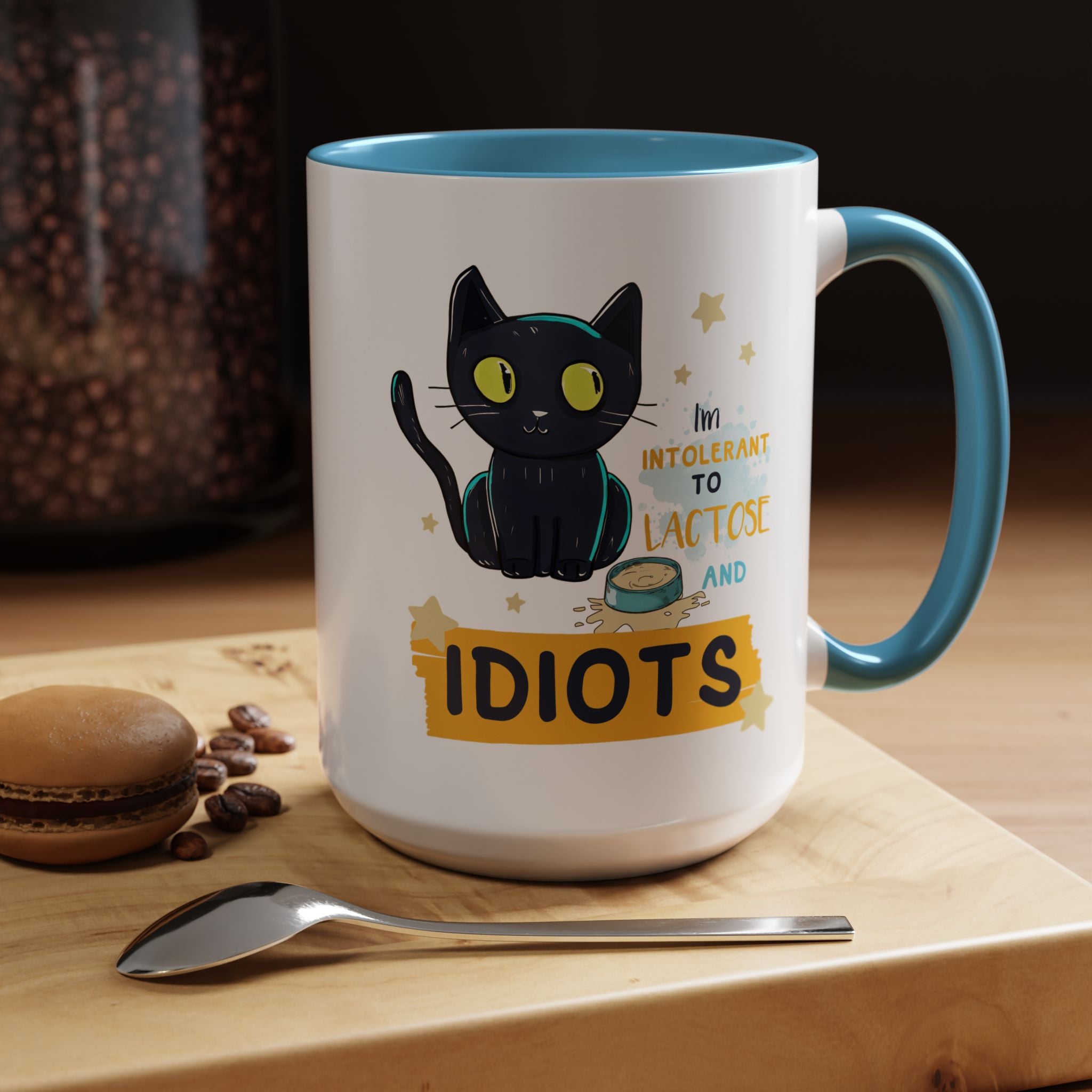 Funny Coffee Mug, Personalized Mug, Cute Cat Intolerant To Lactose and Idiots Accent Cup (11, 15oz), Gift Under 20, White Elephant gift