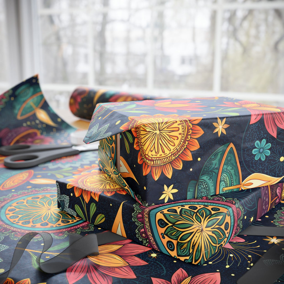 Diwali Wrapping Paper Roll - Navy Diyas, Lotus & Fireworks Indian Gift Wrap