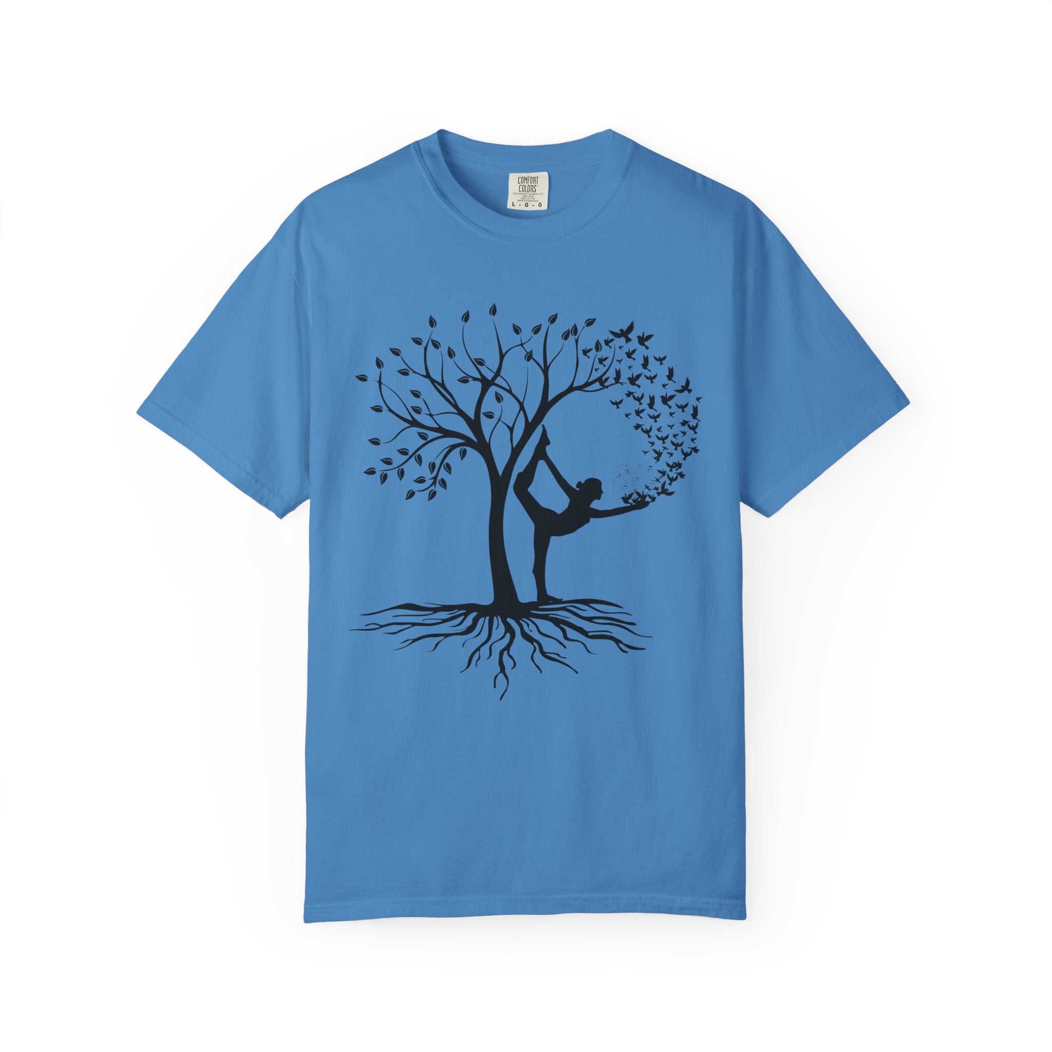 Blue yoga graphic tee featuring a calming tree design perfect for meditation and mindfulness, positive and motivational t-shirt.