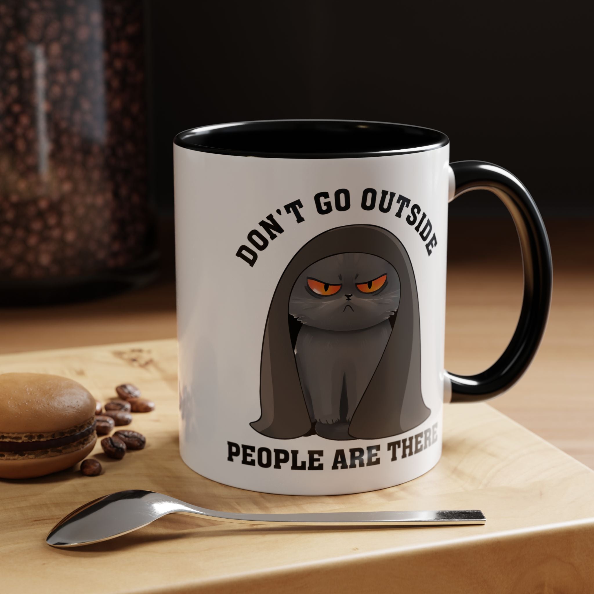 Funny Coffee Mug, Personalized Mug, Grumpy Cat Don't Go Outside People Are There Accent Cup (11, 15oz), Gift Under 20, White Elephant