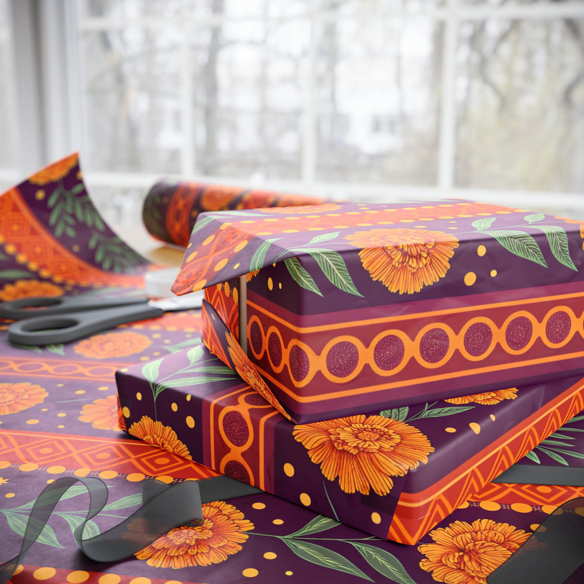 Diwali Wrapping Paper Roll - Marigold Festive Stripe Indian Gift Wrap