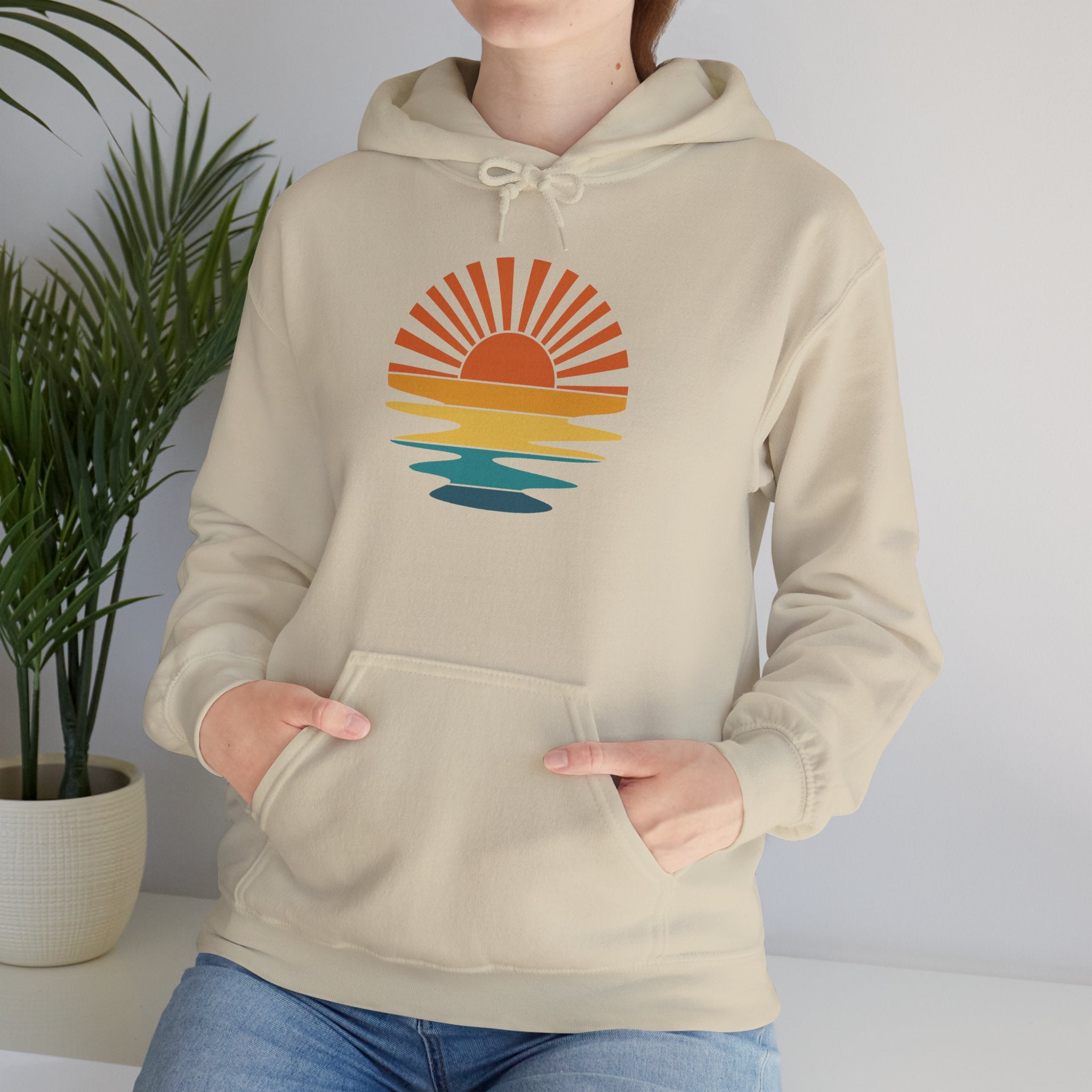 Sunset Minimalist Hoodie — Retro Sunrise Graphic Hooded Sweatshirt