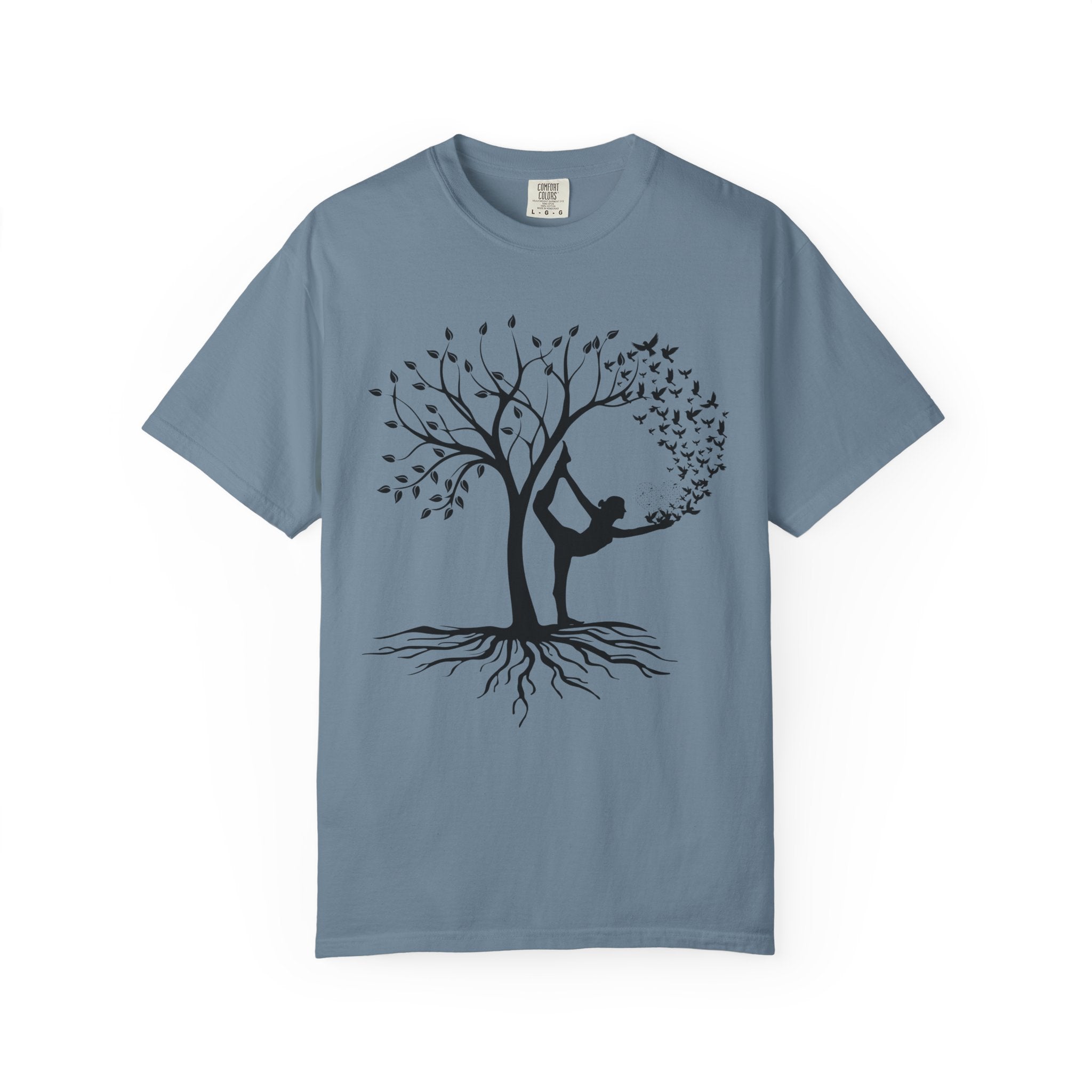 Woman Yoga Tree & Bird Meditation T-Shirt — Calming, Positive Motivational Tee