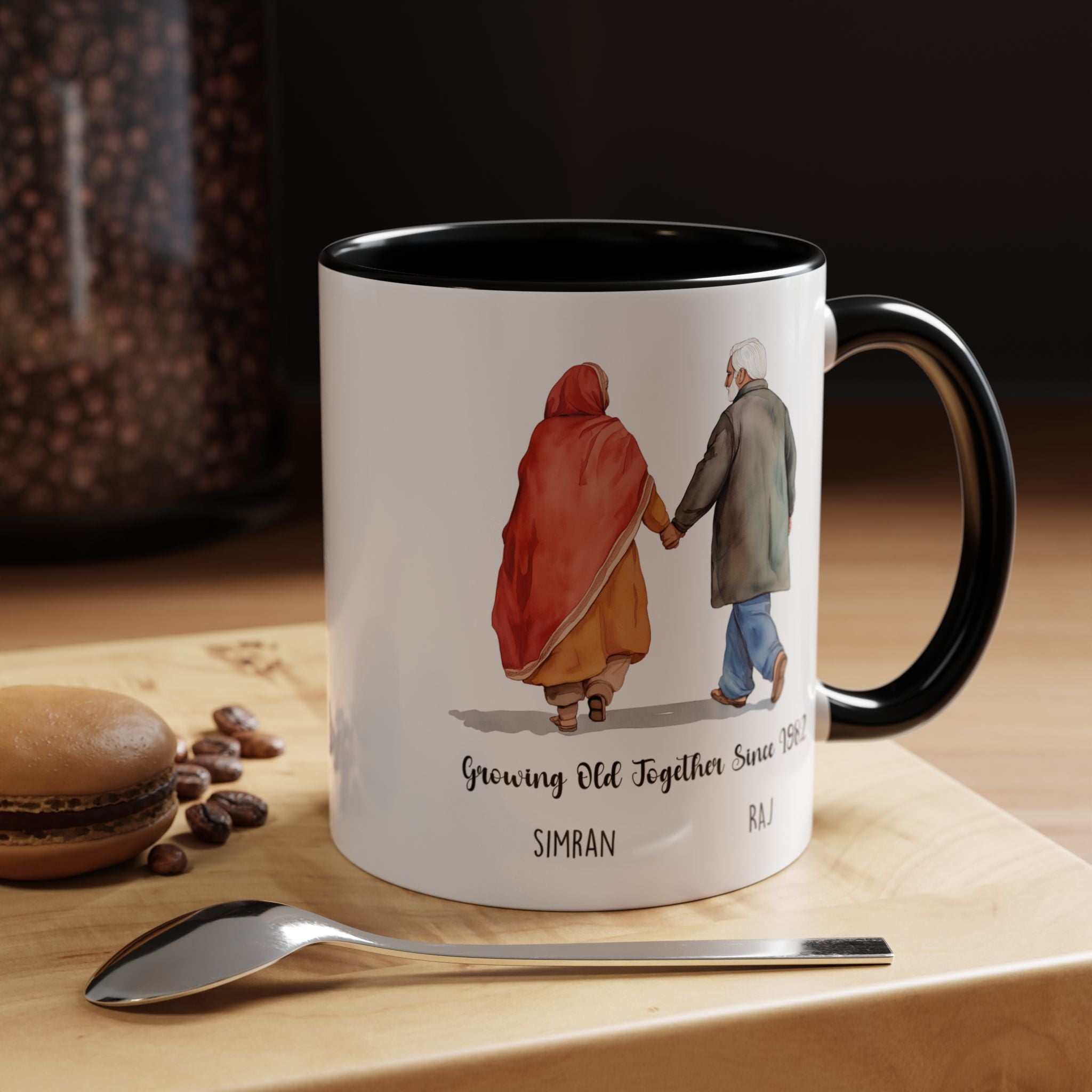 Funny Coffee Mug, Personalized Mug, Growing Old Together Since Indian Couple Accent Cup 11/15oz, Anniversary, Wedding, Romantic For Him her
