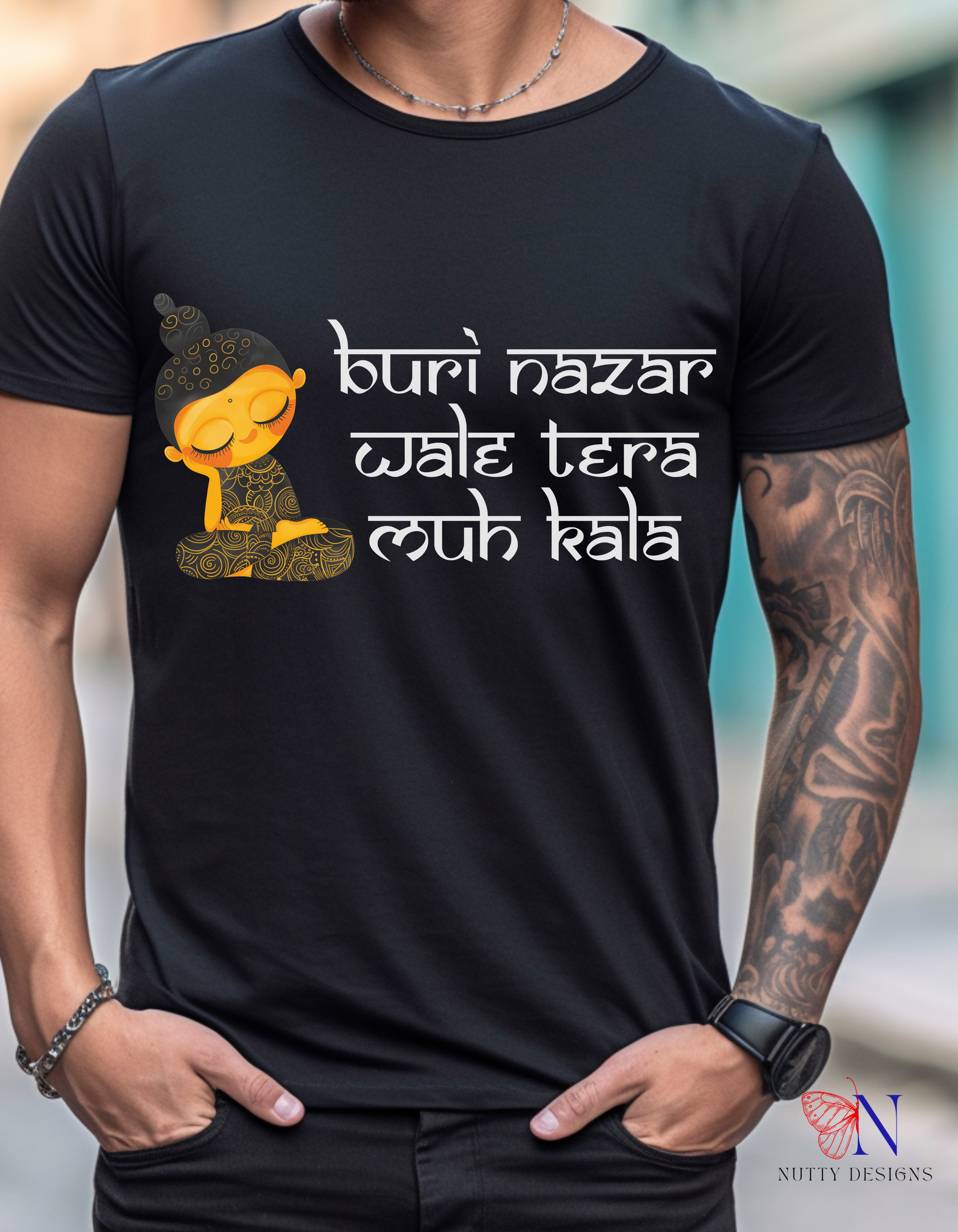 Buri Nazar Wale Tera Muh Kala T-Shirt Lifestyle Mockup | Nutty Designs