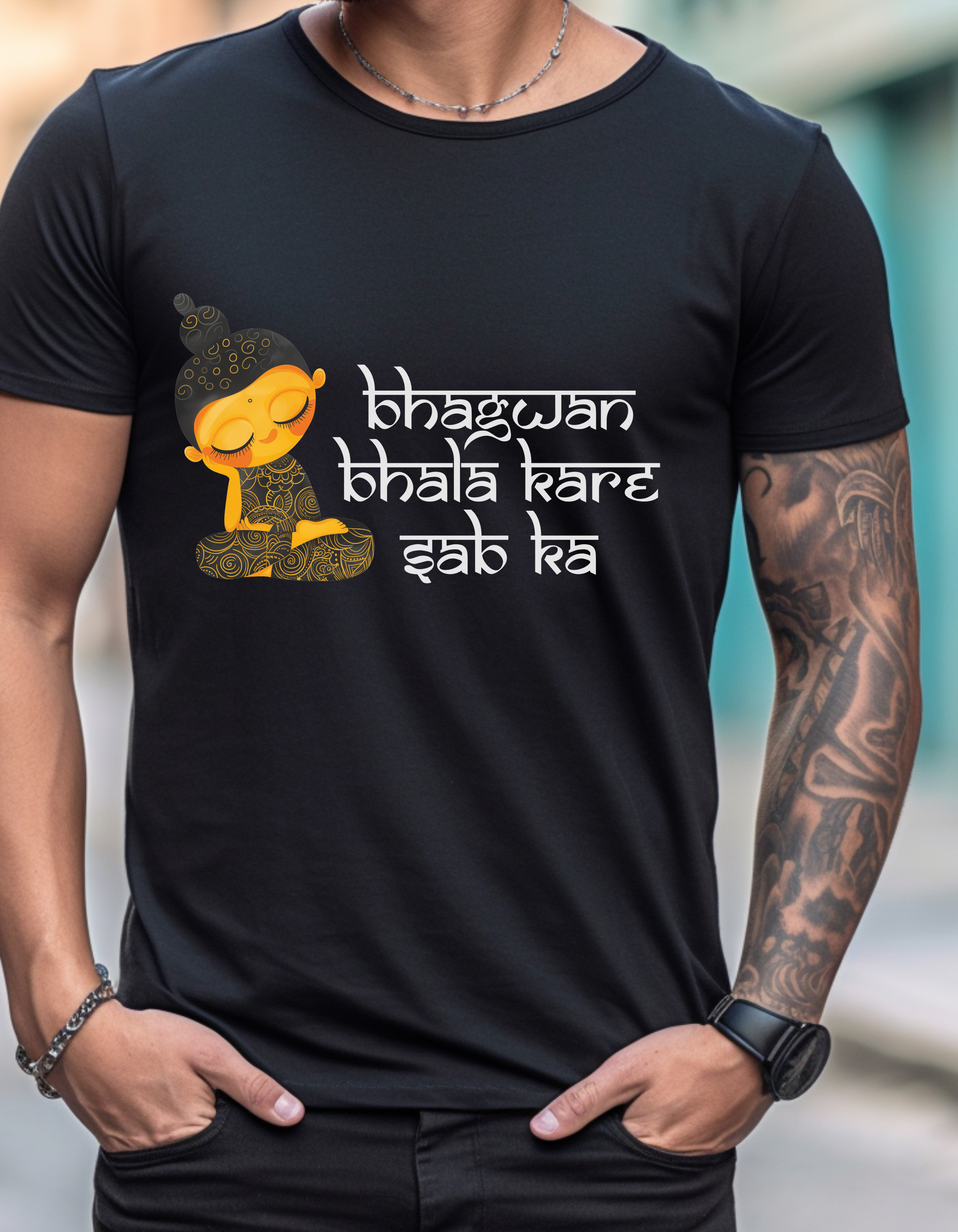 Bhagwan Bhala Kare Sab Ka Hindi Prayer Shirt T-Shirt Lifestyle Mockup | Nutty Designs