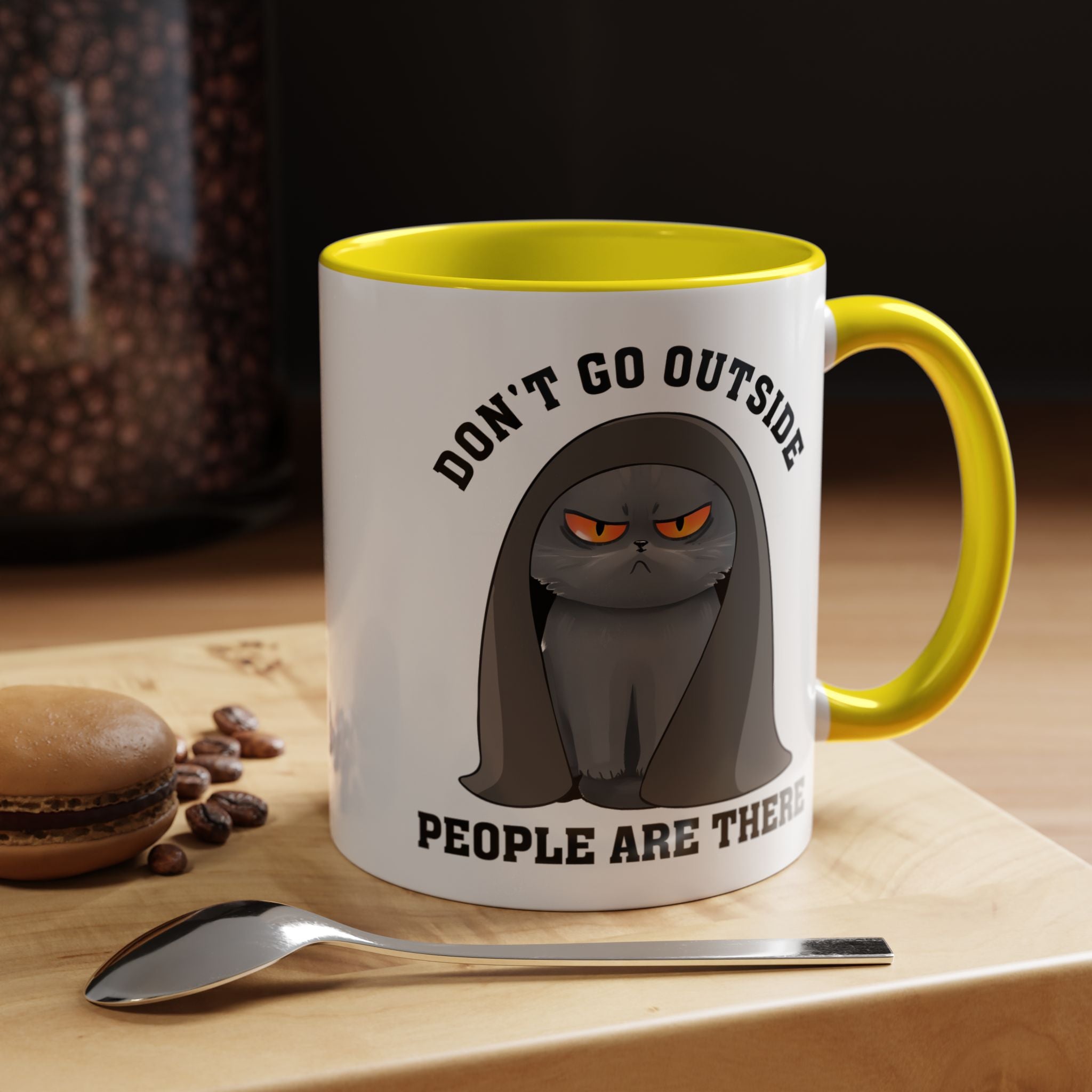 Funny Coffee Mug, Personalized Mug, Grumpy Cat Don't Go Outside People Are There Accent Cup (11, 15oz), Gift Under 20, White Elephant