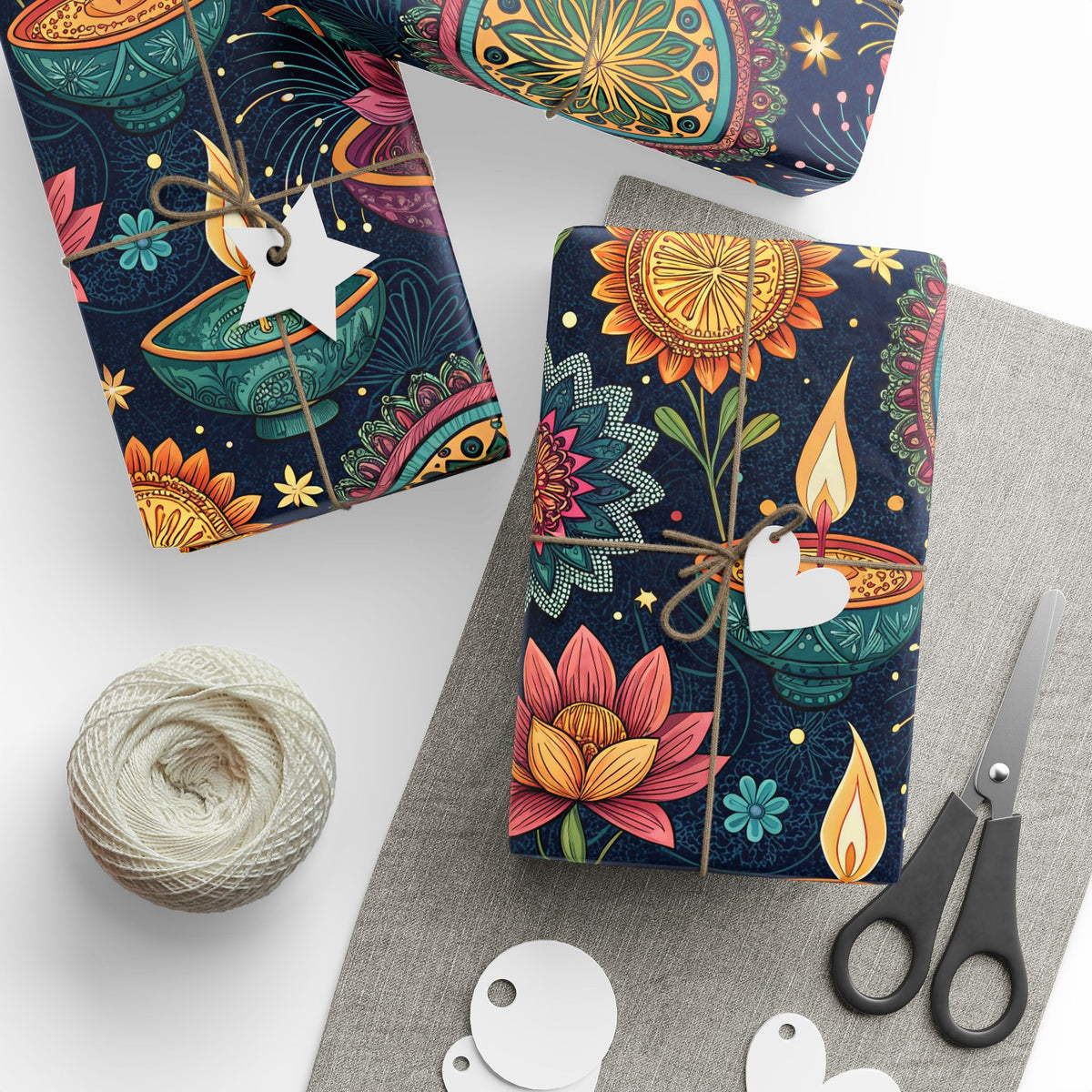 Diwali Wrapping Paper Roll - Navy Diyas, Lotus & Fireworks Indian Gift Wrap