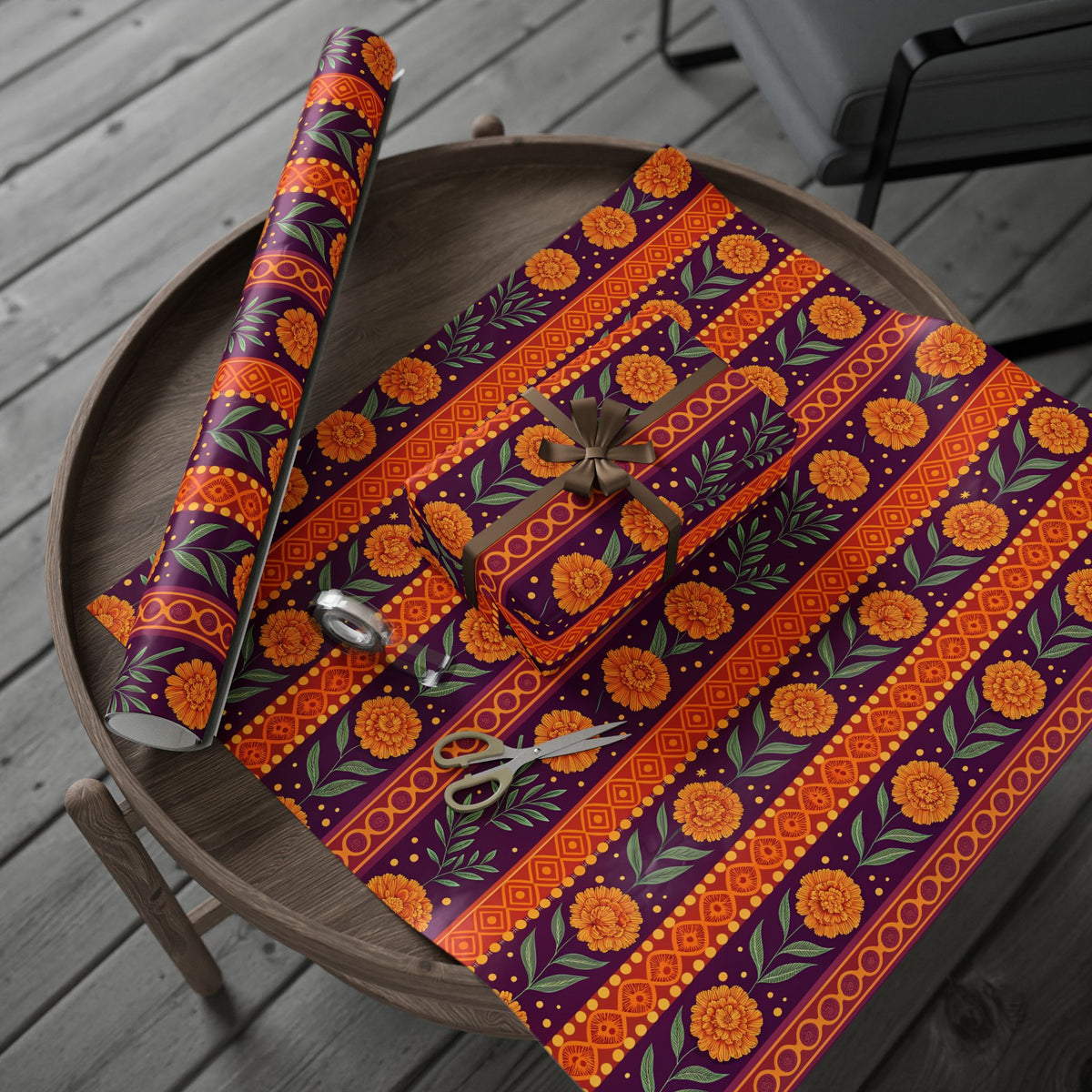 Diwali Wrapping Paper Roll - Marigold Festive Stripe Indian Gift Wrap
