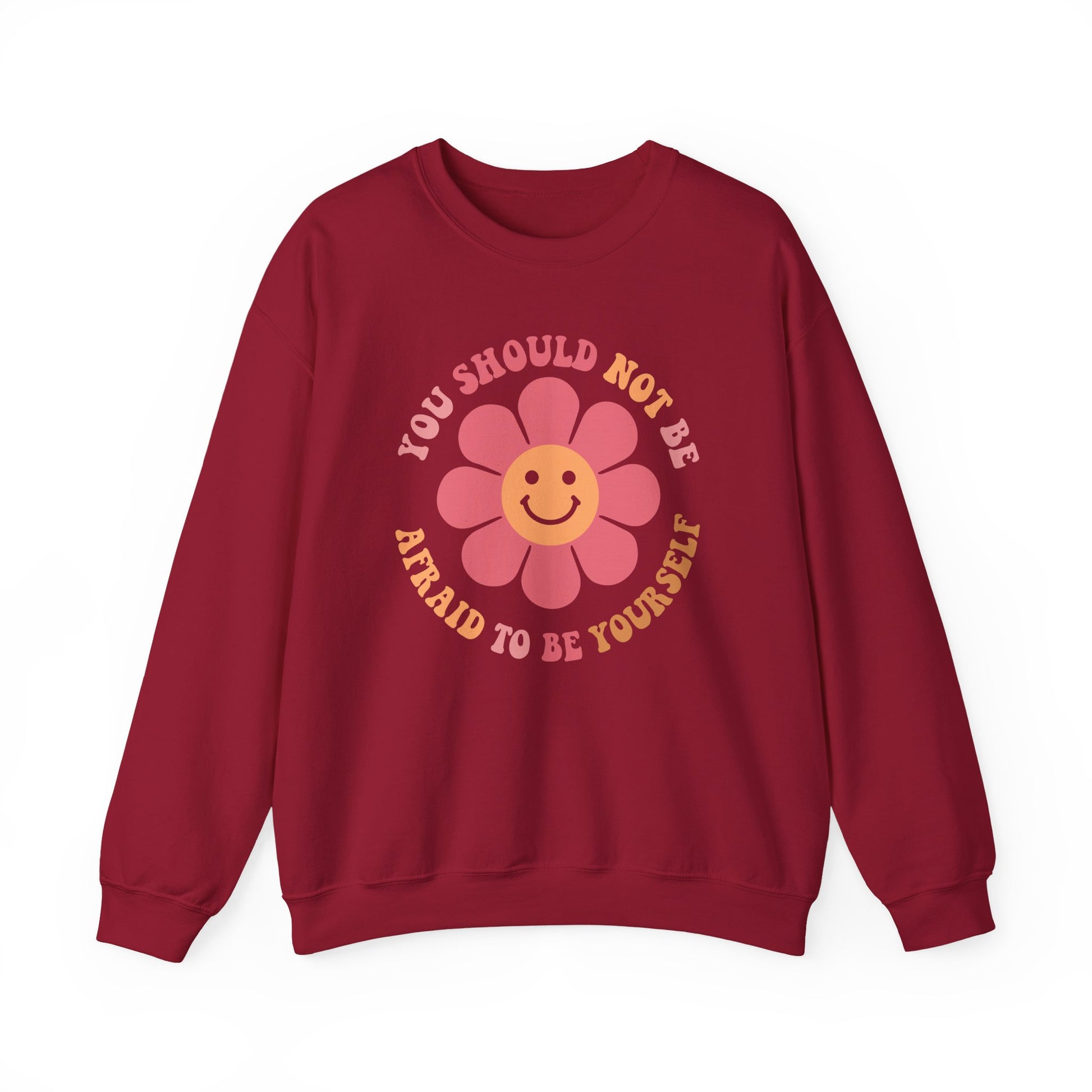 Positive affirmation crewneck sweatshirt in maroon with a smiley flower design and motivational quote for fall autumn unisex fashion.