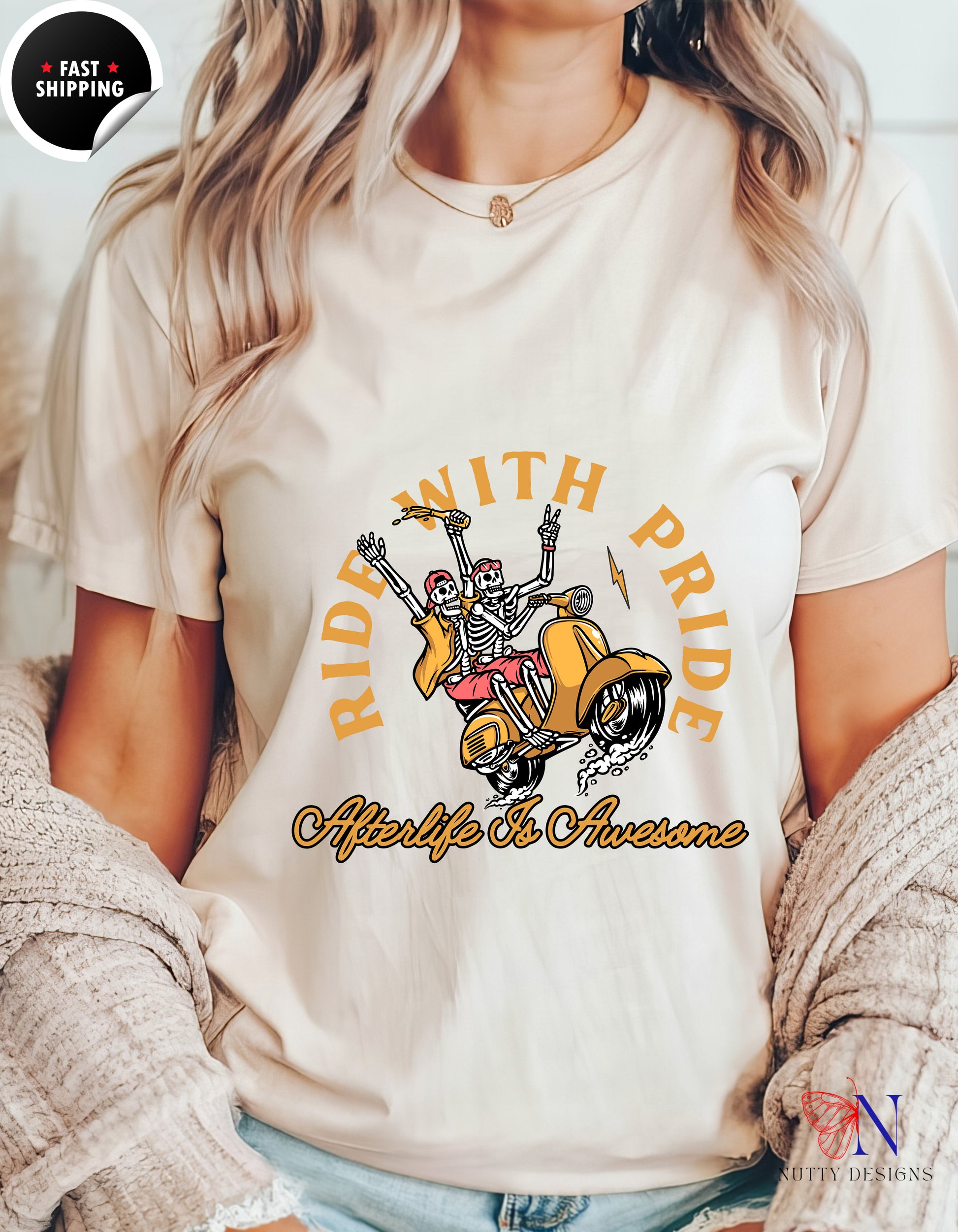 Ride With Pride Happy Skeletons T-Shirt Lifestyle Mockup | Nutty Designs