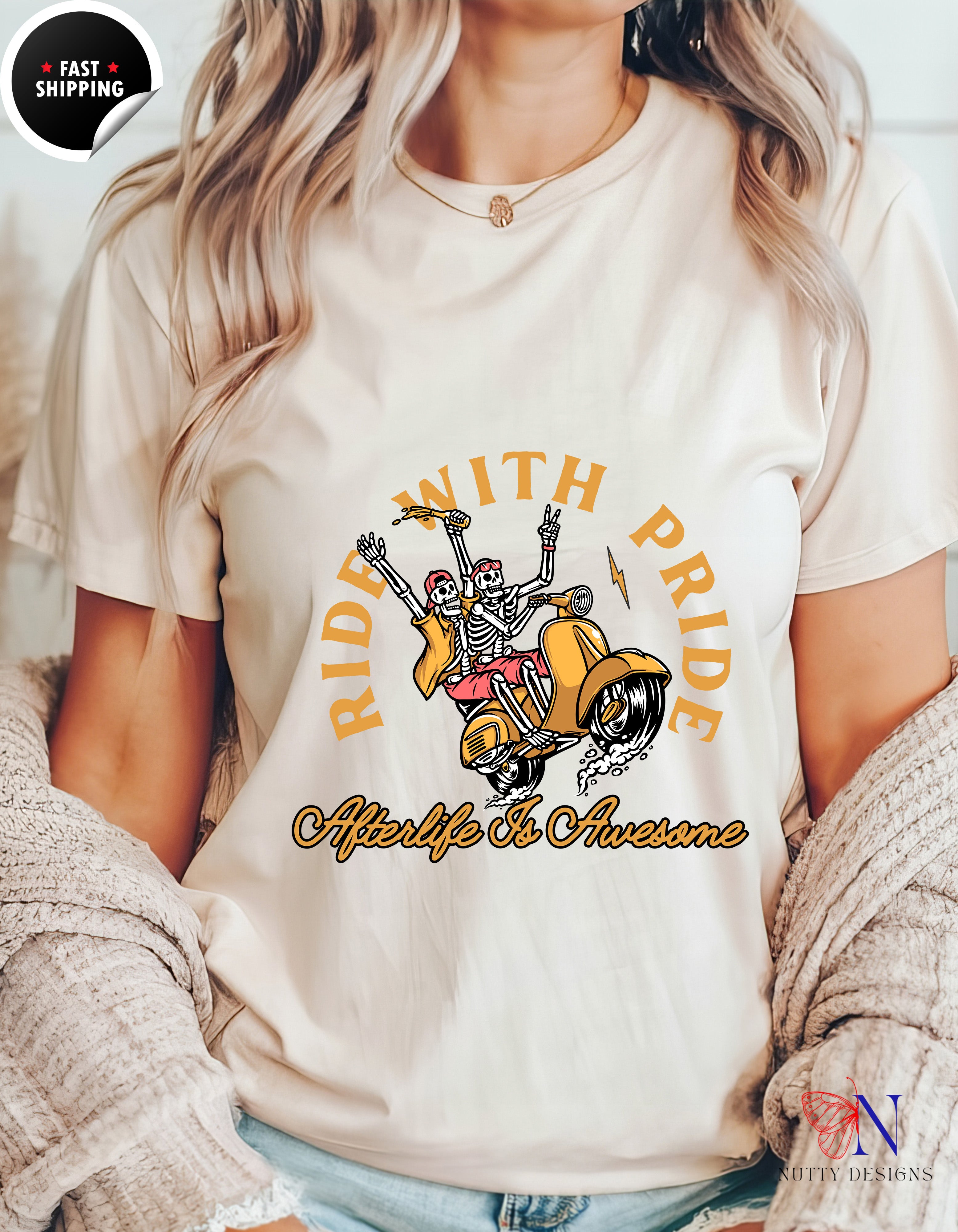 Ride With Pride Happy Skeletons T-Shirt Lifestyle Mockup | Nutty Designs