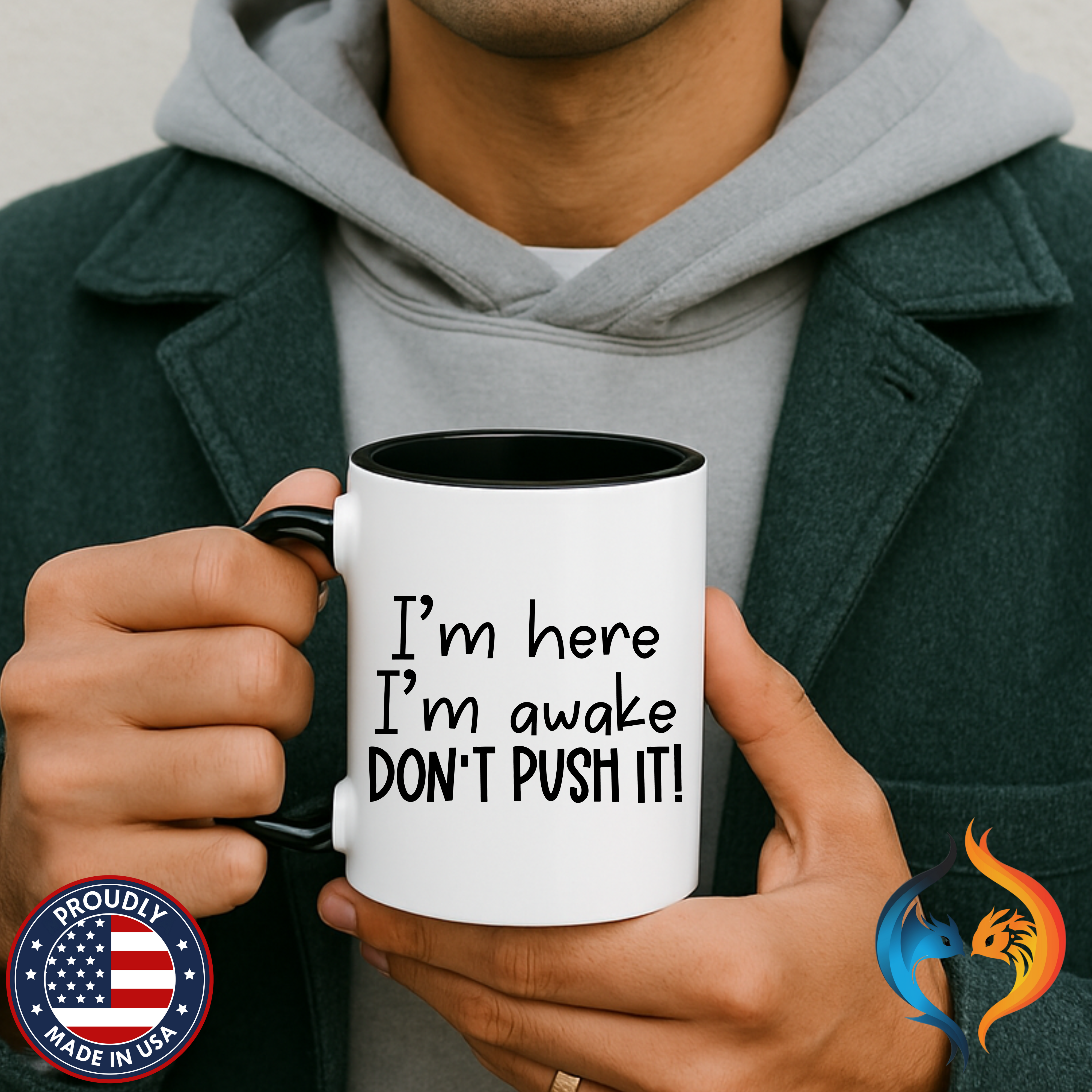 I m Here I m Awake Mug Product Photo | Nutty Designs
