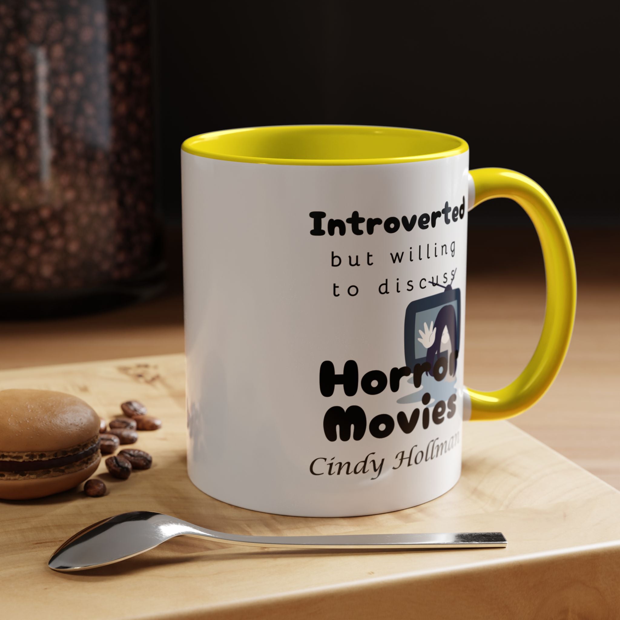 Introverted But Willing To Discuss Horror Movies Personalized Accent Coffee Mug (11 and 15oz)