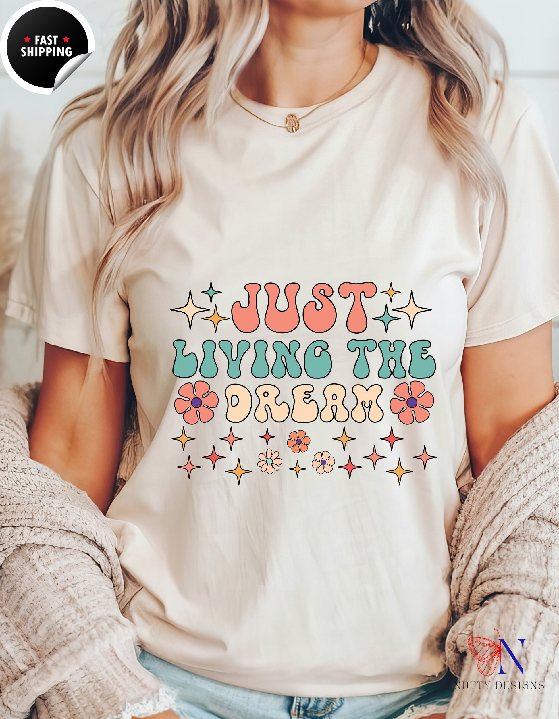 Just Living The Dream, Encouraging , Happy T-Shirt Lifestyle Mockup | Nutty Designs