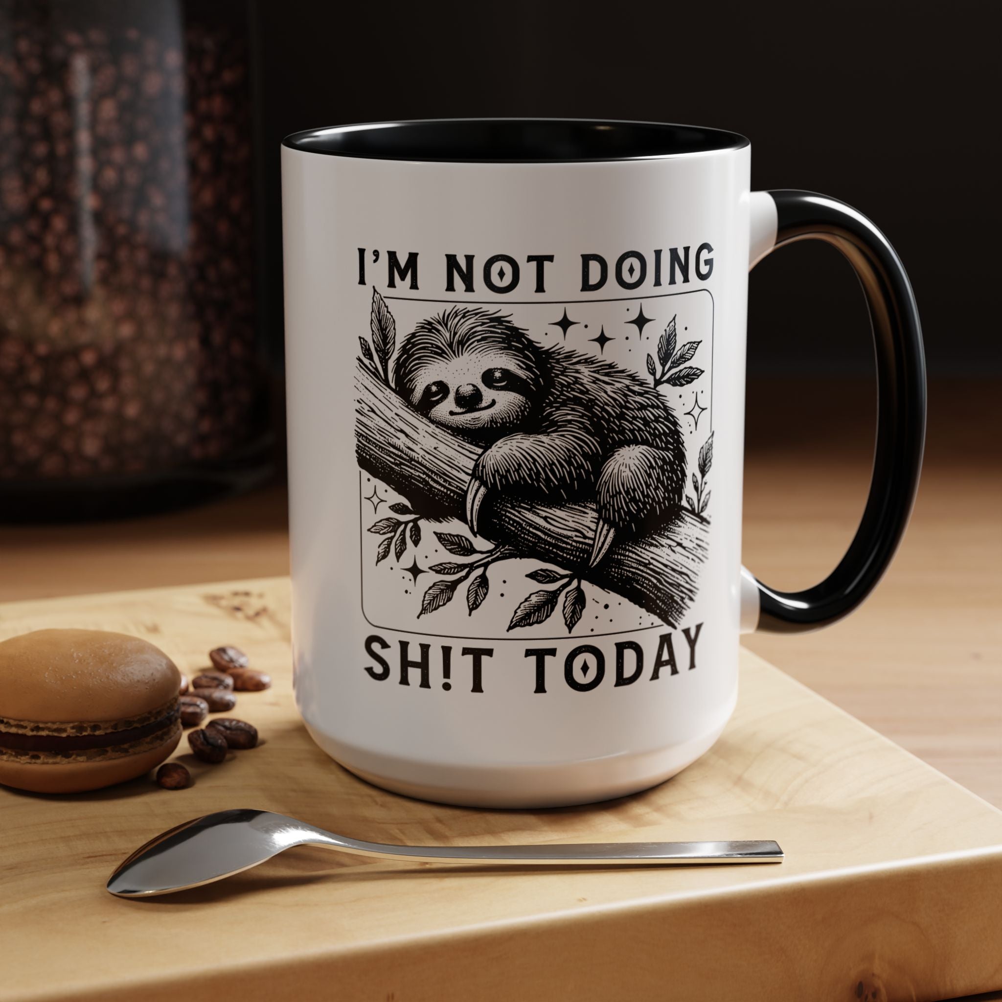 Funny Coffee Mug, Personalized Mug, Cute Sloth I am Not Doing Shit Today,  Accent Cup (11, 15oz), Gift Under 20, White Elephant