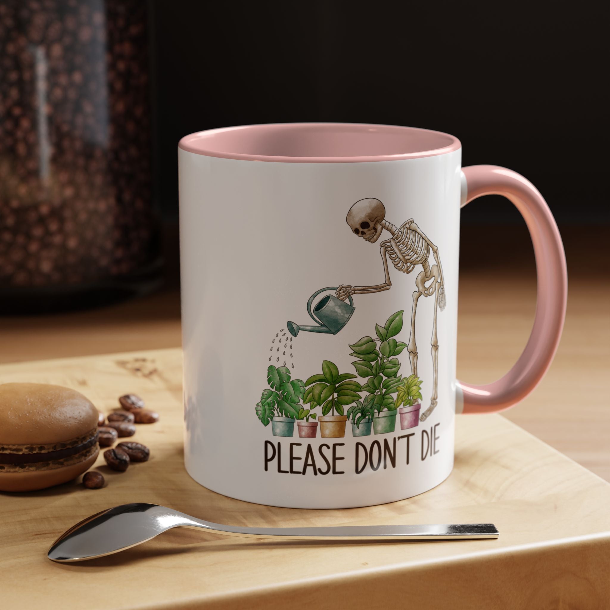 Funny Coffee Mug, Personalized Mug, Skeleton Watering Plants Saying Please Don't Die,  Accent Cup (11, 15oz), Gift Under 20, White Elephant