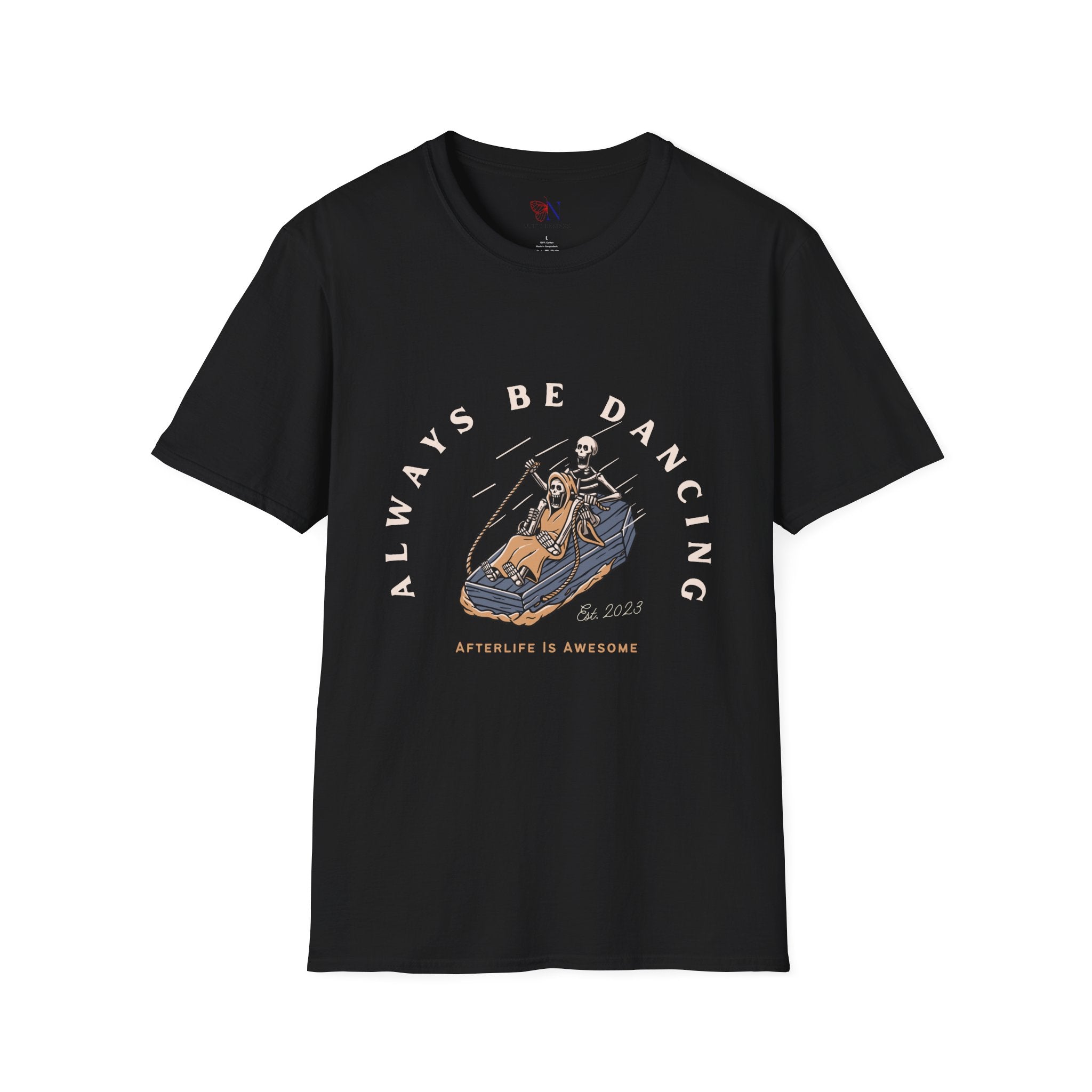 Always Be Dancing Afterlife Is Awesome Funny Skeleton Surfing in a Coffin T-shirt