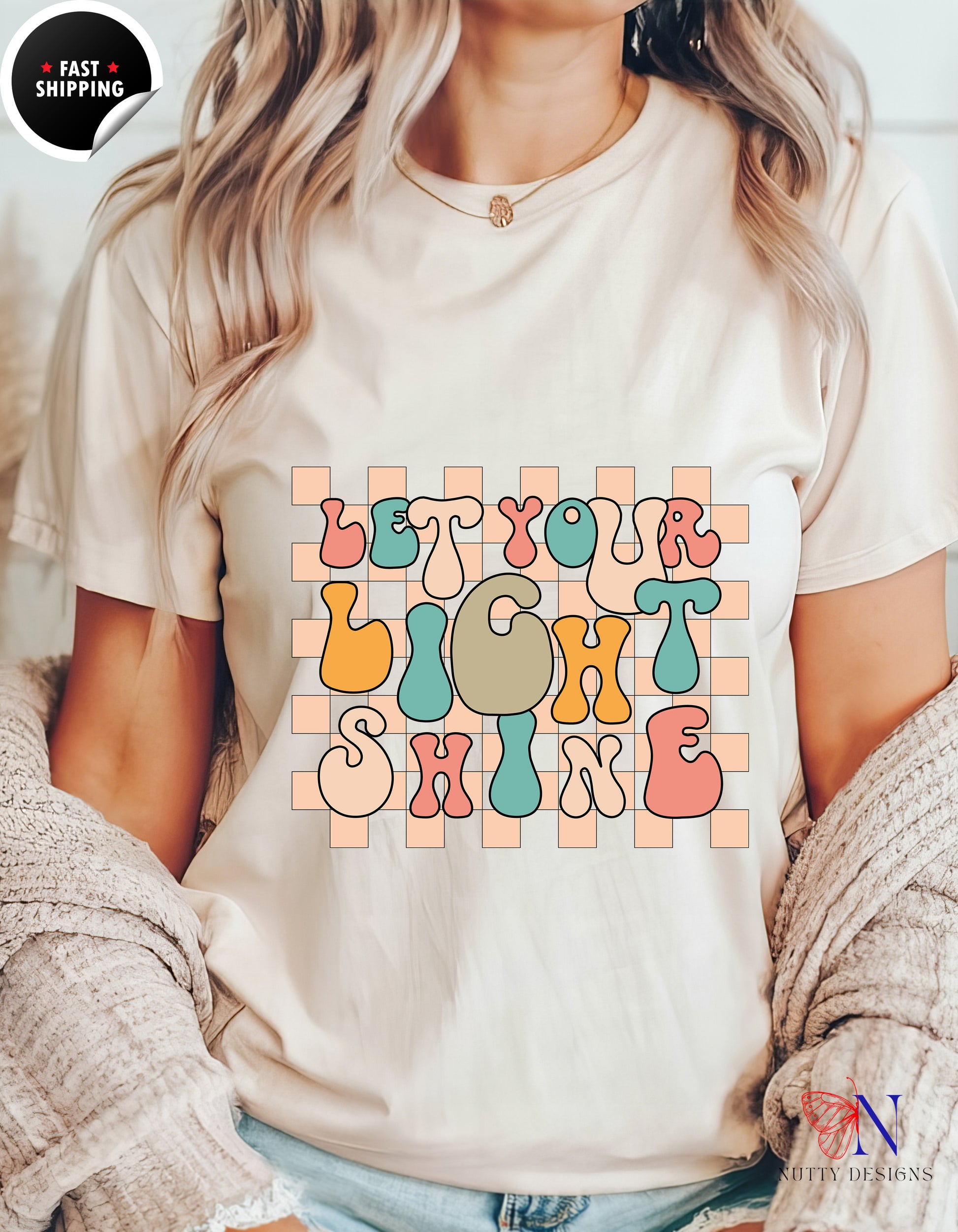Let your Light Shine retro , inspirational , Positive T-Shirt Lifestyle Mockup | Nutty Designs