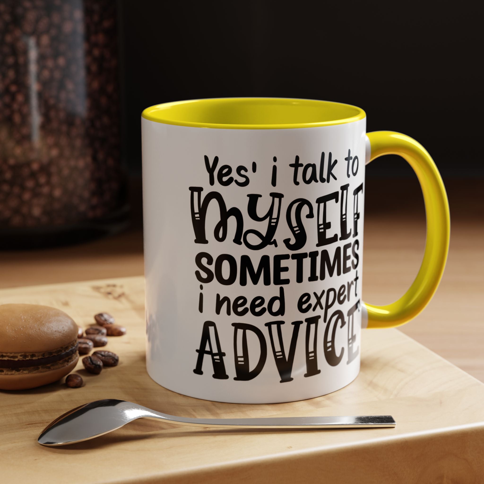 Funny Coffee Mug, Personalized Mug, Yes I Talk To Myself Sometimes I need Expert Advice Accent Cup (11, 15oz), Gift Under 20, White Elephant