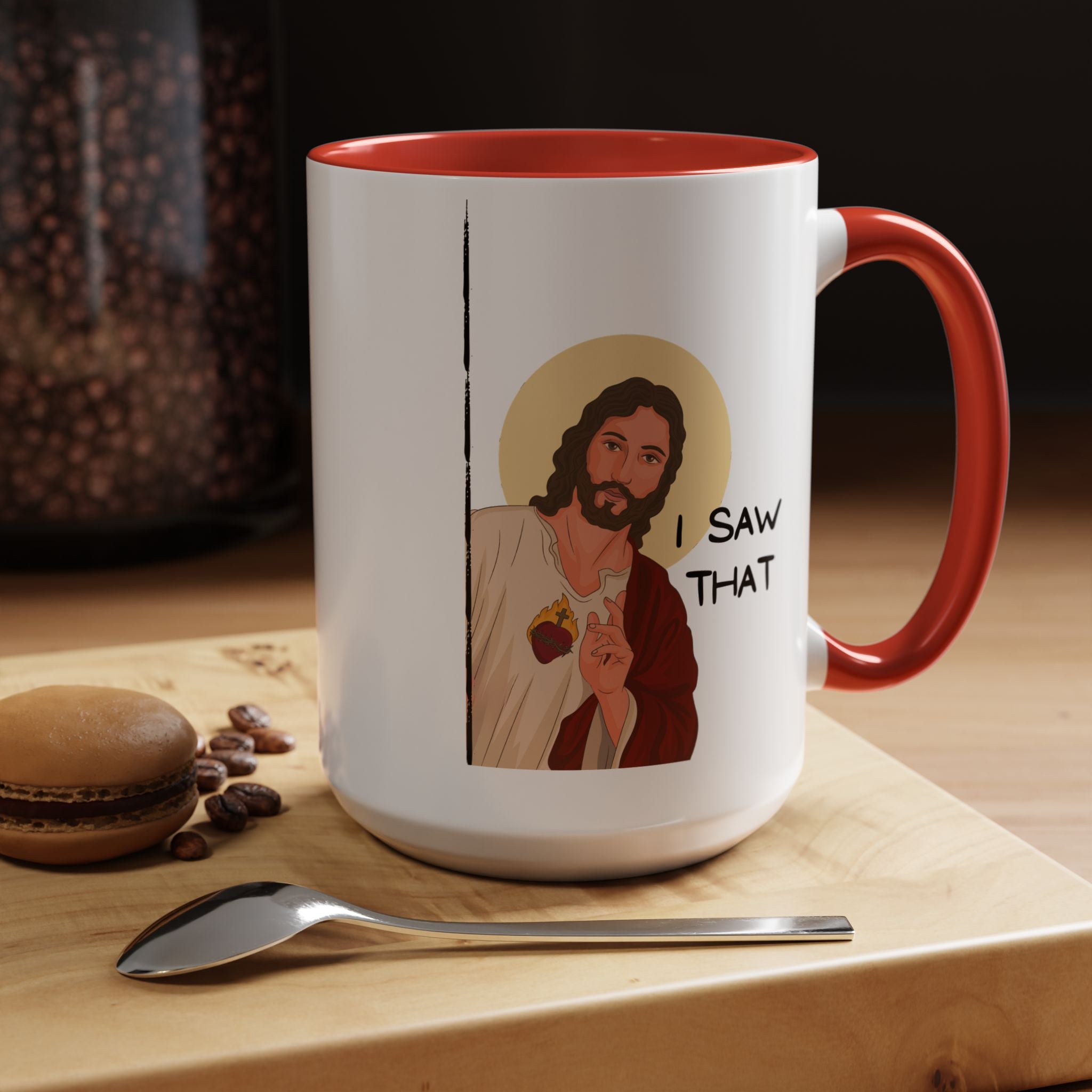 Peeking Jesus, I saw That Funny Coffee Mug, Personalized Mug, Accent Cup (11, 15oz), Gift Under 20, Gift for Atheist, faith based cup