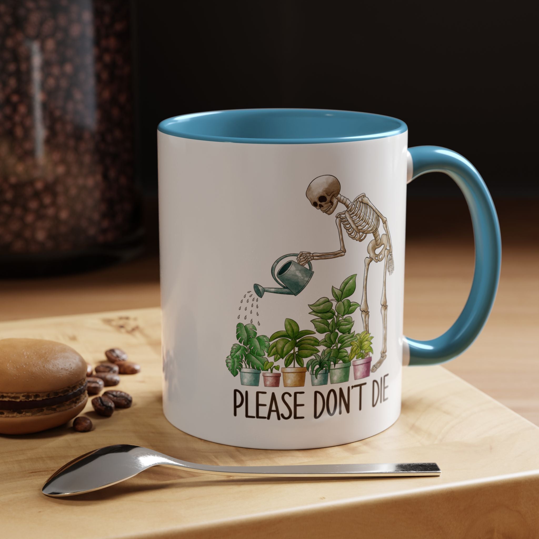Funny Coffee Mug, Personalized Mug, Skeleton Watering Plants Saying Please Don't Die,  Accent Cup (11, 15oz), Gift Under 20, White Elephant