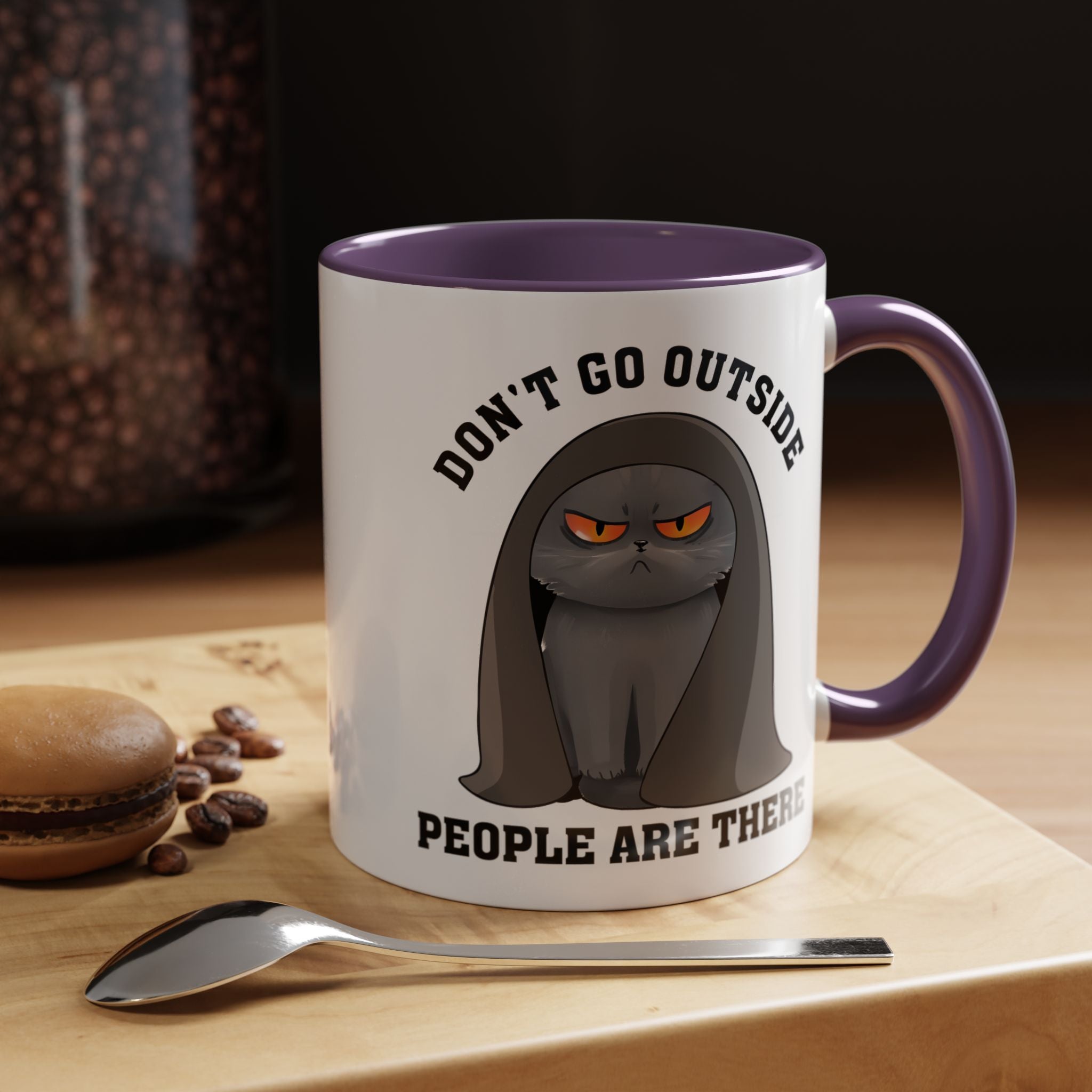 Funny Coffee Mug, Personalized Mug, Grumpy Cat Don't Go Outside People Are There Accent Cup (11, 15oz), Gift Under 20, White Elephant