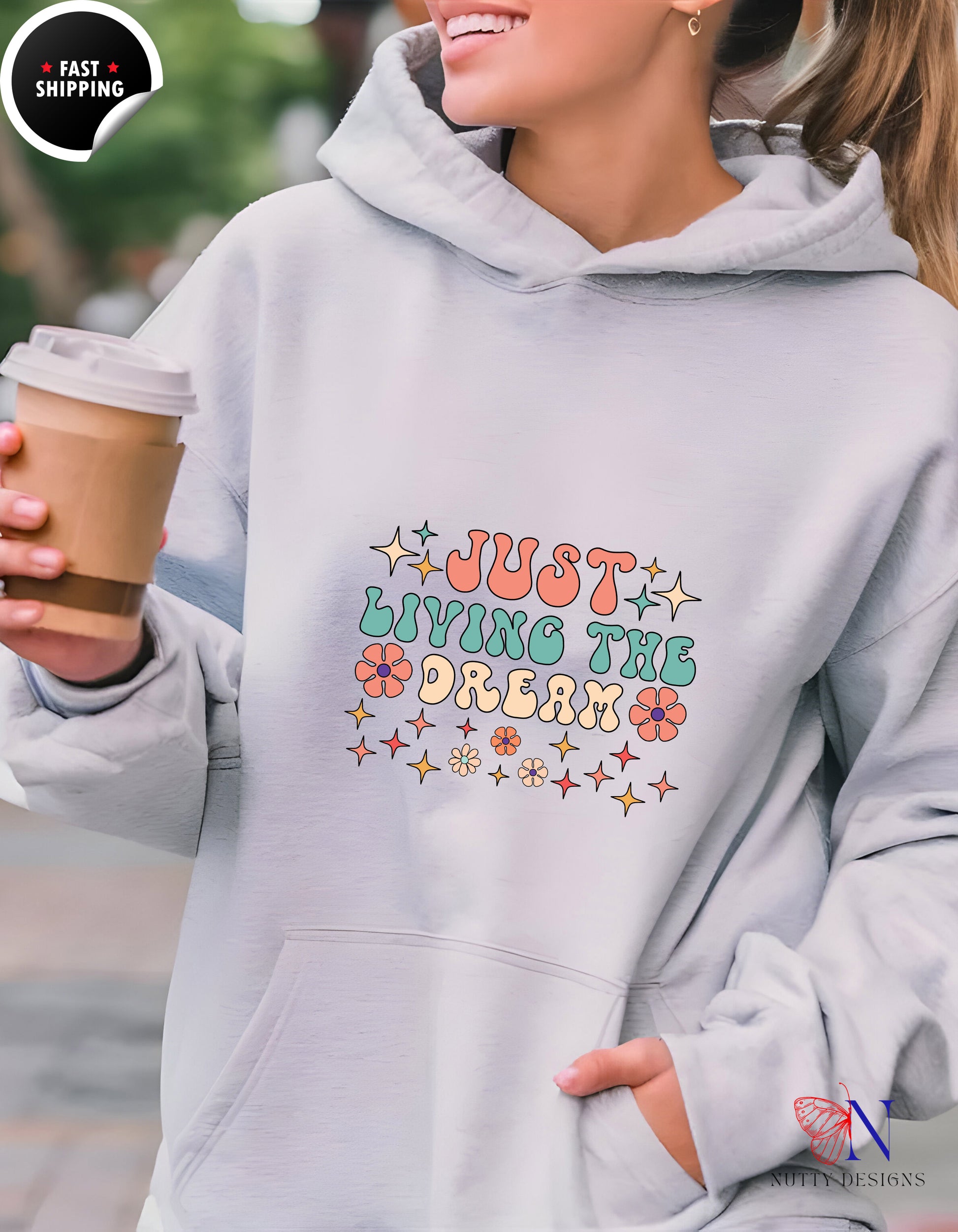 Just Living the Dream — Retro Floral Boho Hoodie Lifestyle Mockup | Nutty Designs