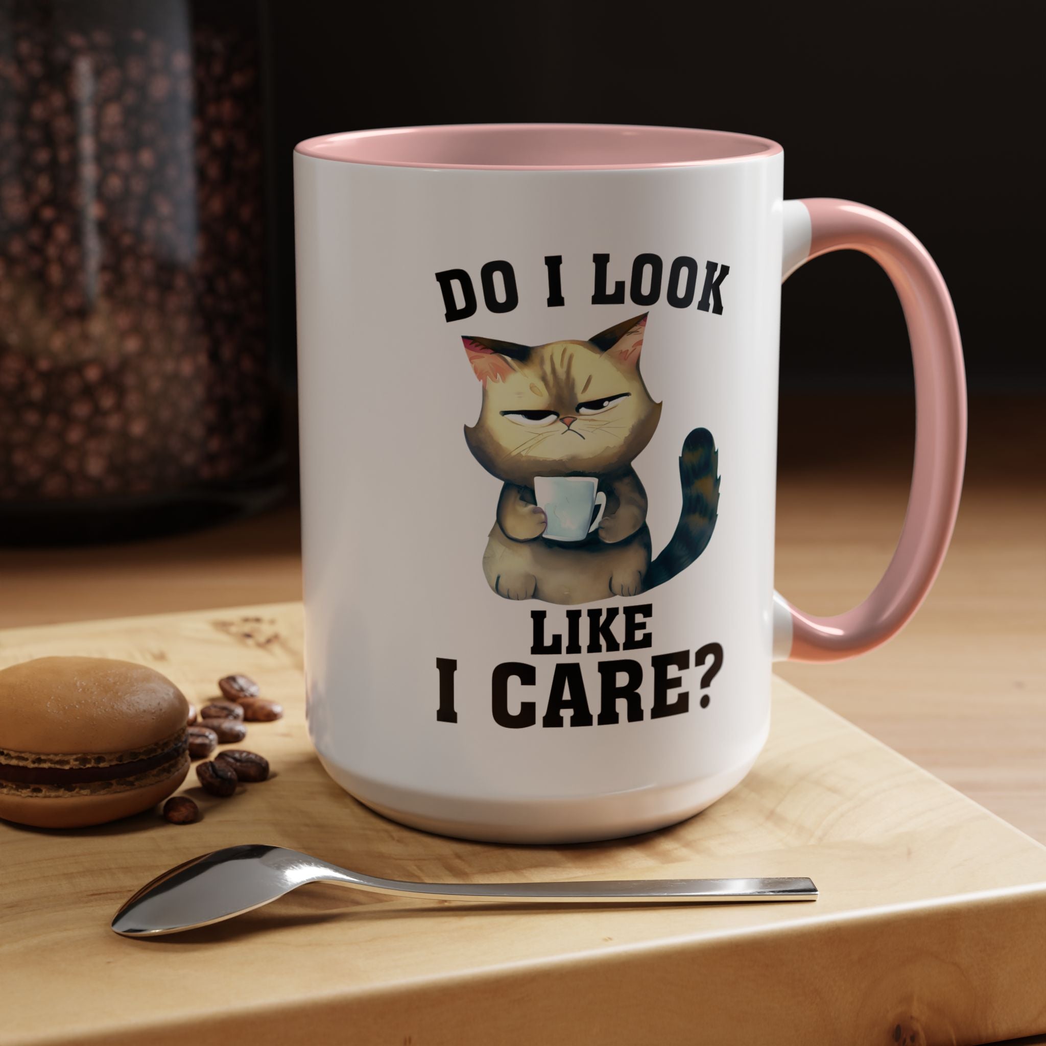 Funny Coffee Mug, Personalized Mug, Grumpy Cat DO I Look Like I Care Accent Cup (11, 15oz), Gift Under 20, White Elephant gift