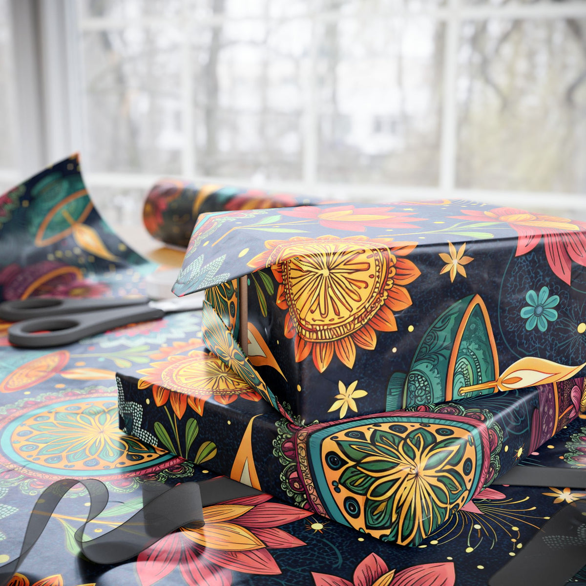 Diwali Wrapping Paper Roll - Navy Diyas, Lotus & Fireworks Indian Gift Wrap