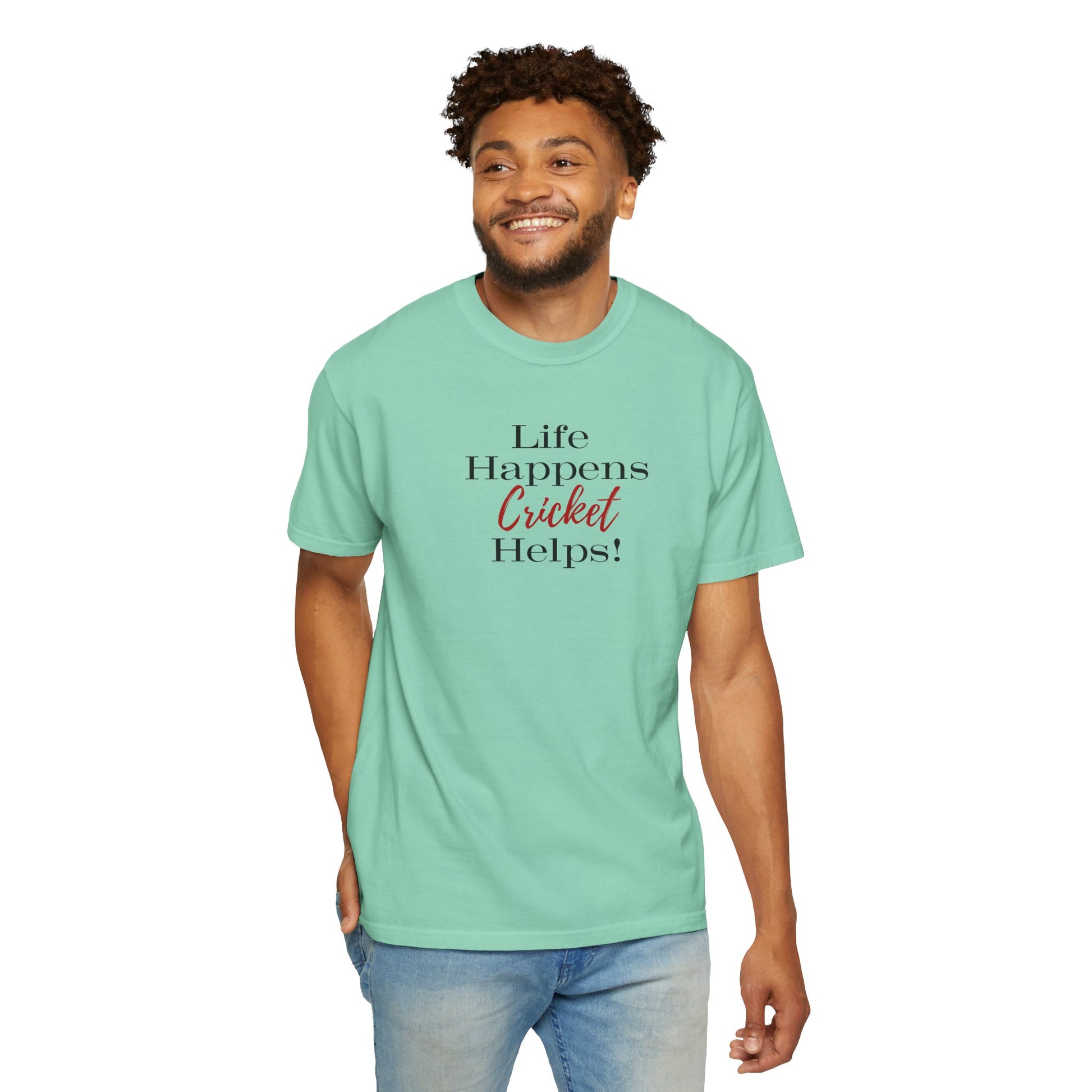 Life Happens, Cricket Helps !!, unique style cricket lover T-Shirt Lifestyle Mockup | Nutty Designs