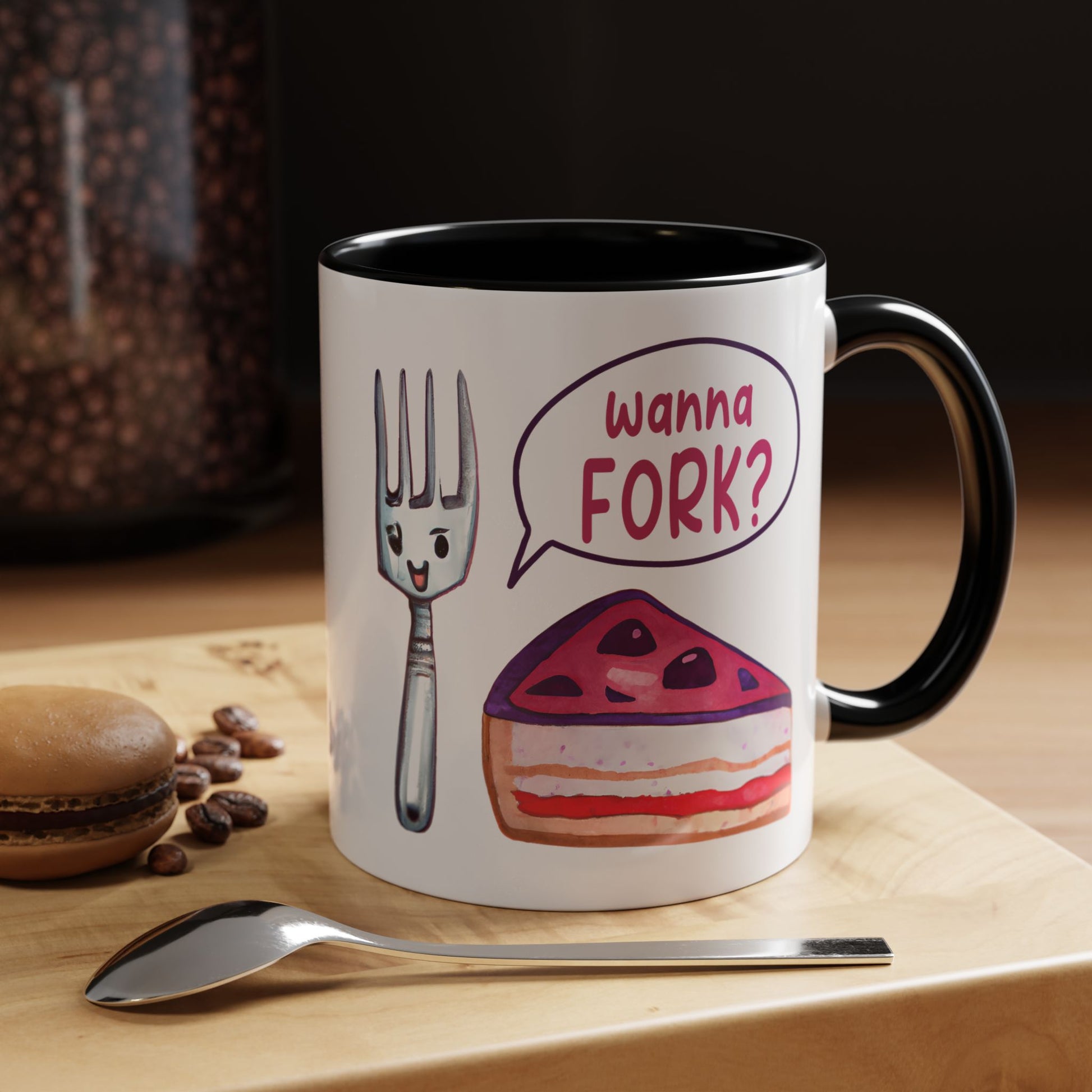 Wanna Fork? Cute Cake & Fork Illustration Mug Lifestyle Mockup | Nutty Designs