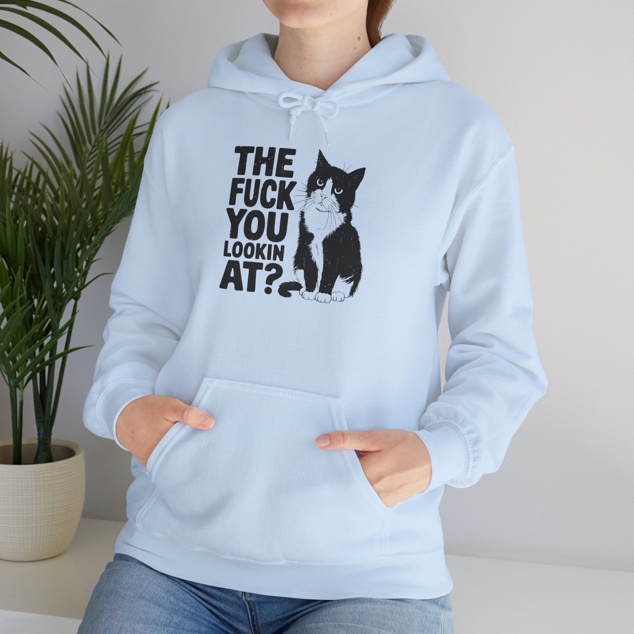 Graphic Hoodie — 'The Fuck You Lookin' At?' Cat Print Hooded Sweatshirt