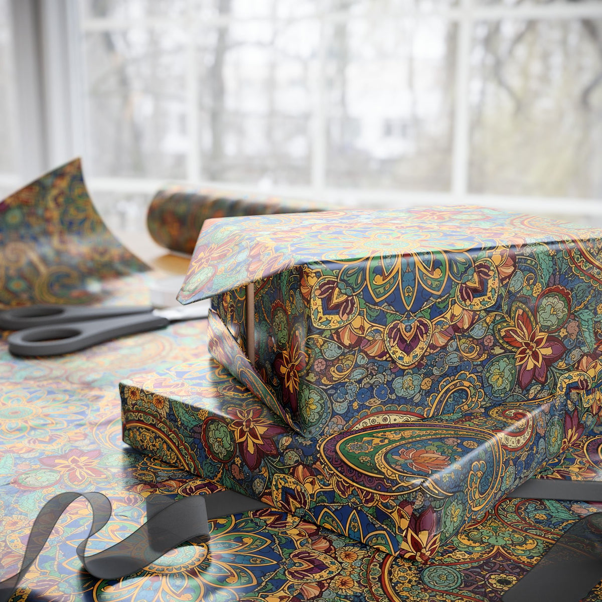 Diwali Wrapping Paper Roll - Vintage Jewel Paisley Indian Gift Wrap