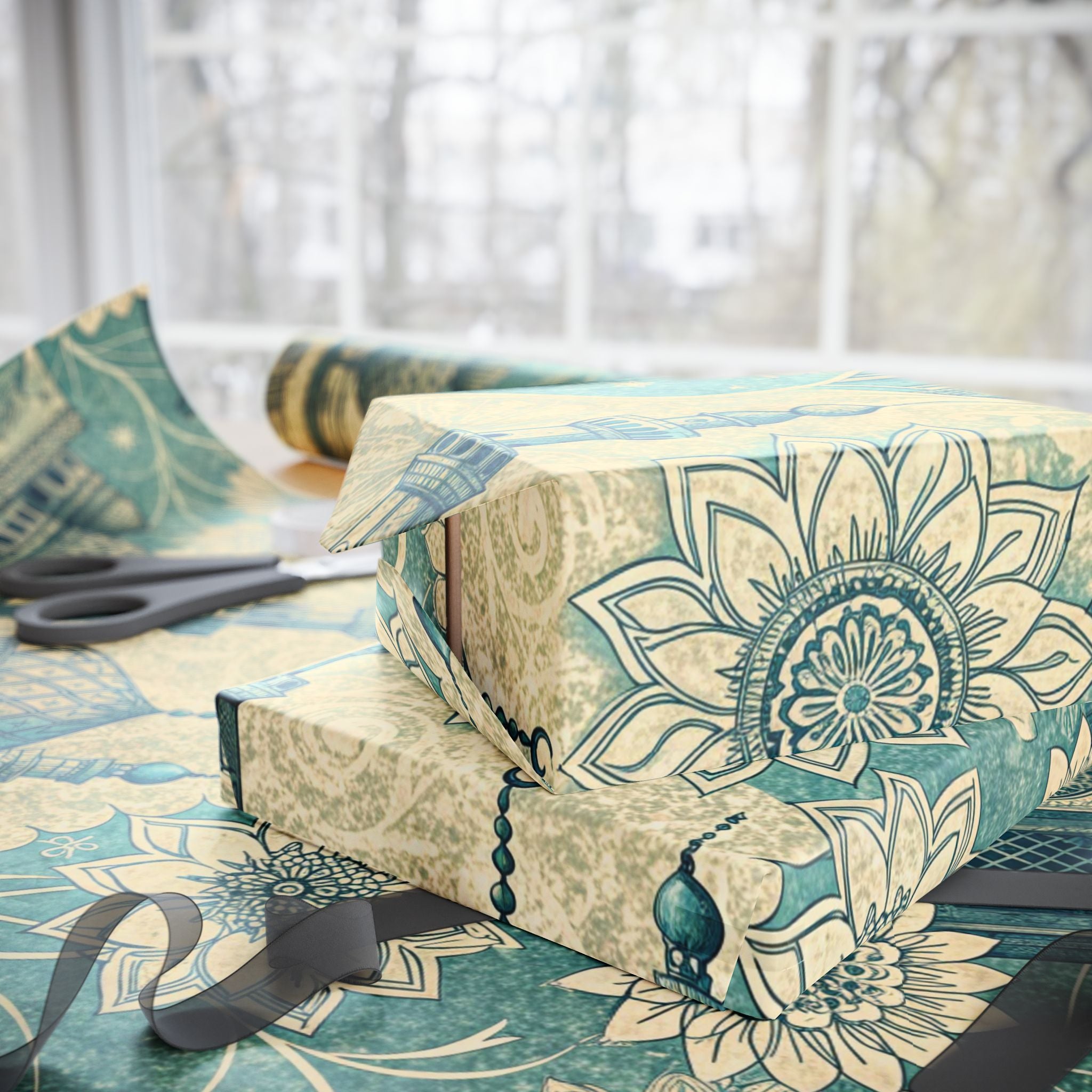 Ramadan Wrap Paper - Islamic Gift Wrap With Mosque, Moon and Stars Design