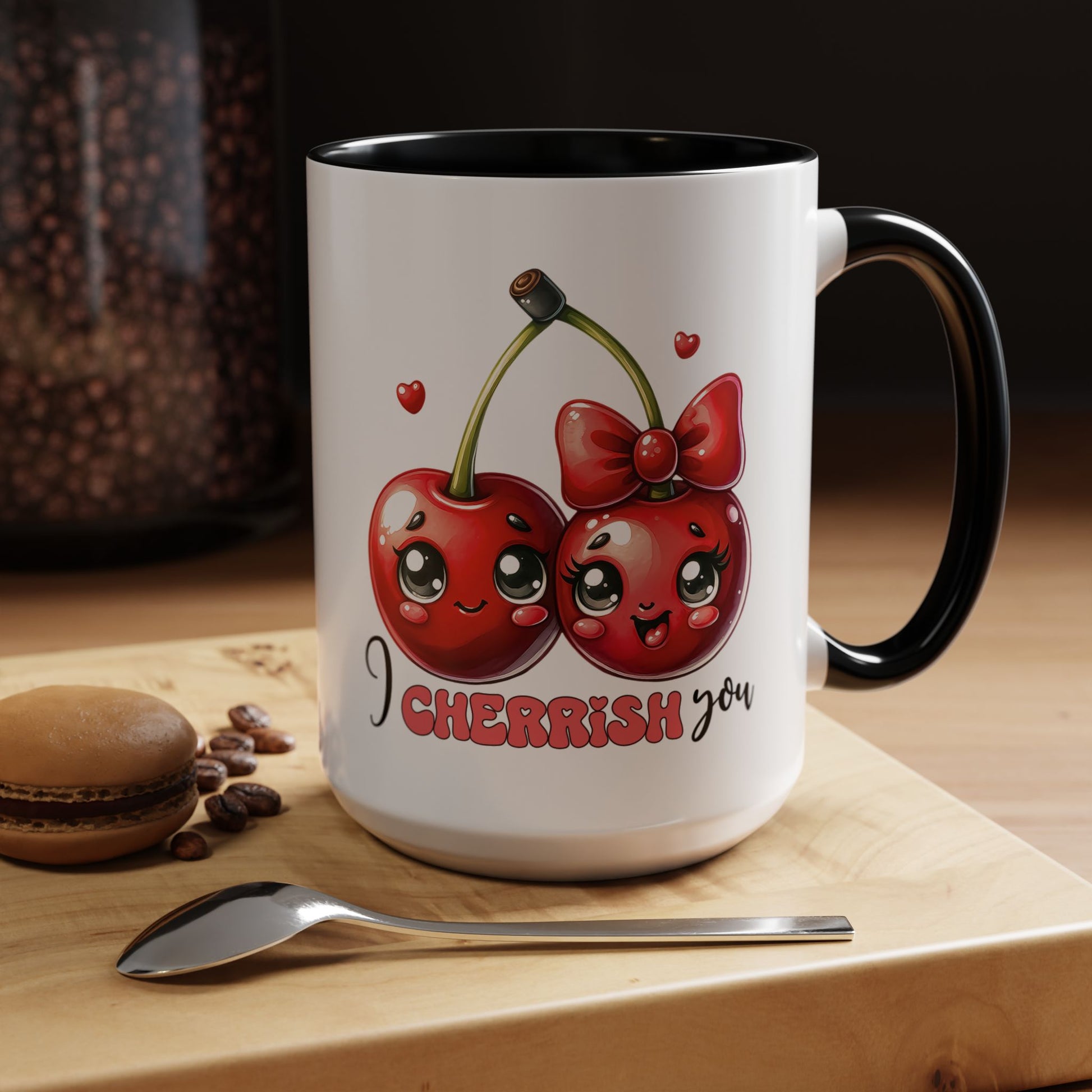 Kawaii Cherries I Cherrish You Mug Lifestyle Mockup | Nutty Designs