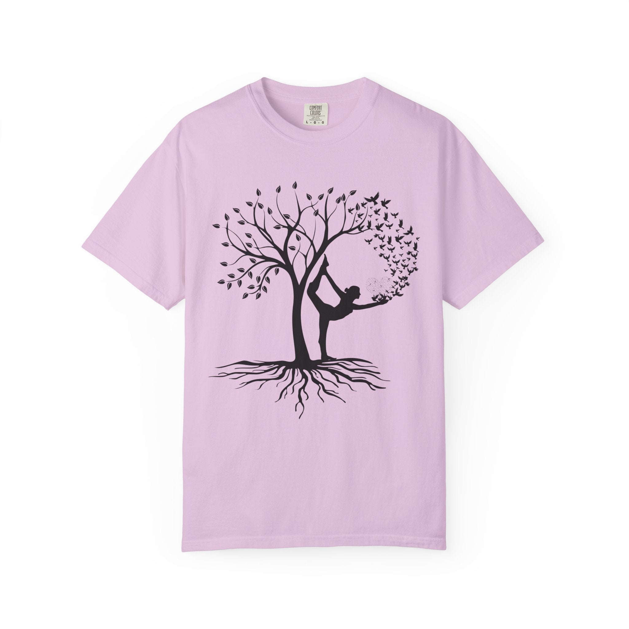 Woman Yoga Tree & Bird Meditation T-Shirt — Calming, Positive Motivational Tee