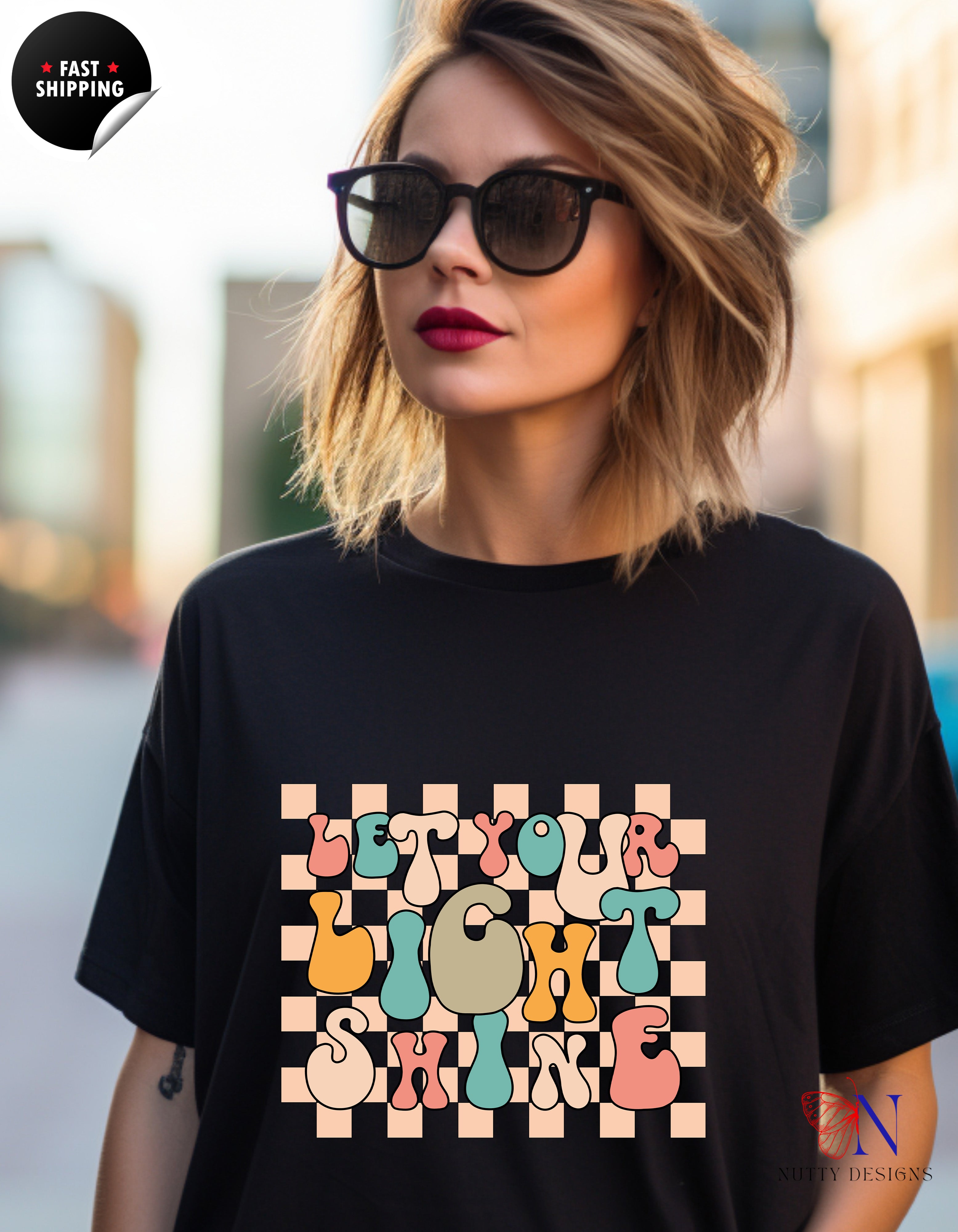 Let your Light Shine retro , inspirational , Positive T-Shirt Lifestyle Mockup | Nutty Designs