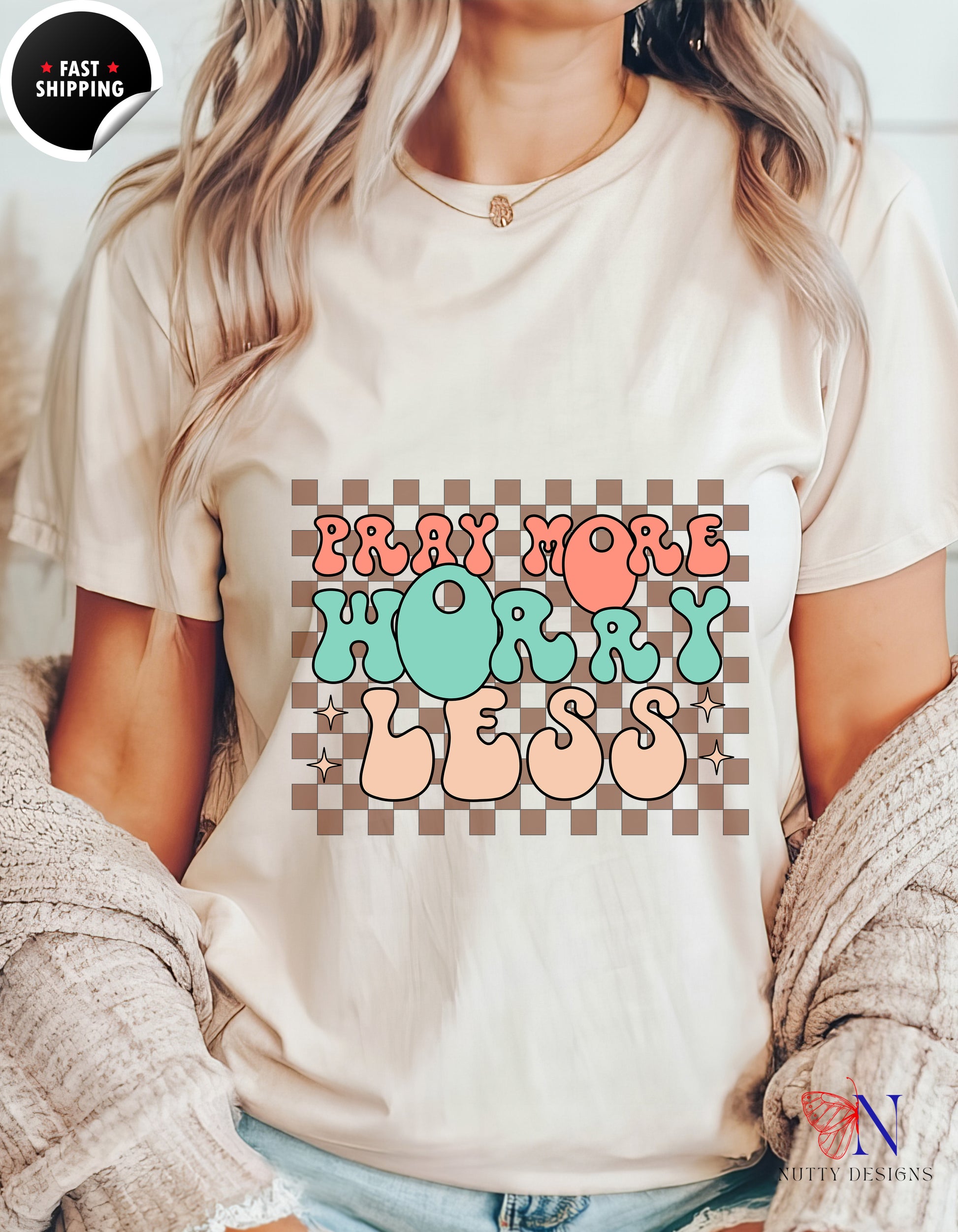 Pray More, Worry Less, Encouraging , Happy T-Shirt Lifestyle Mockup | Nutty Designs