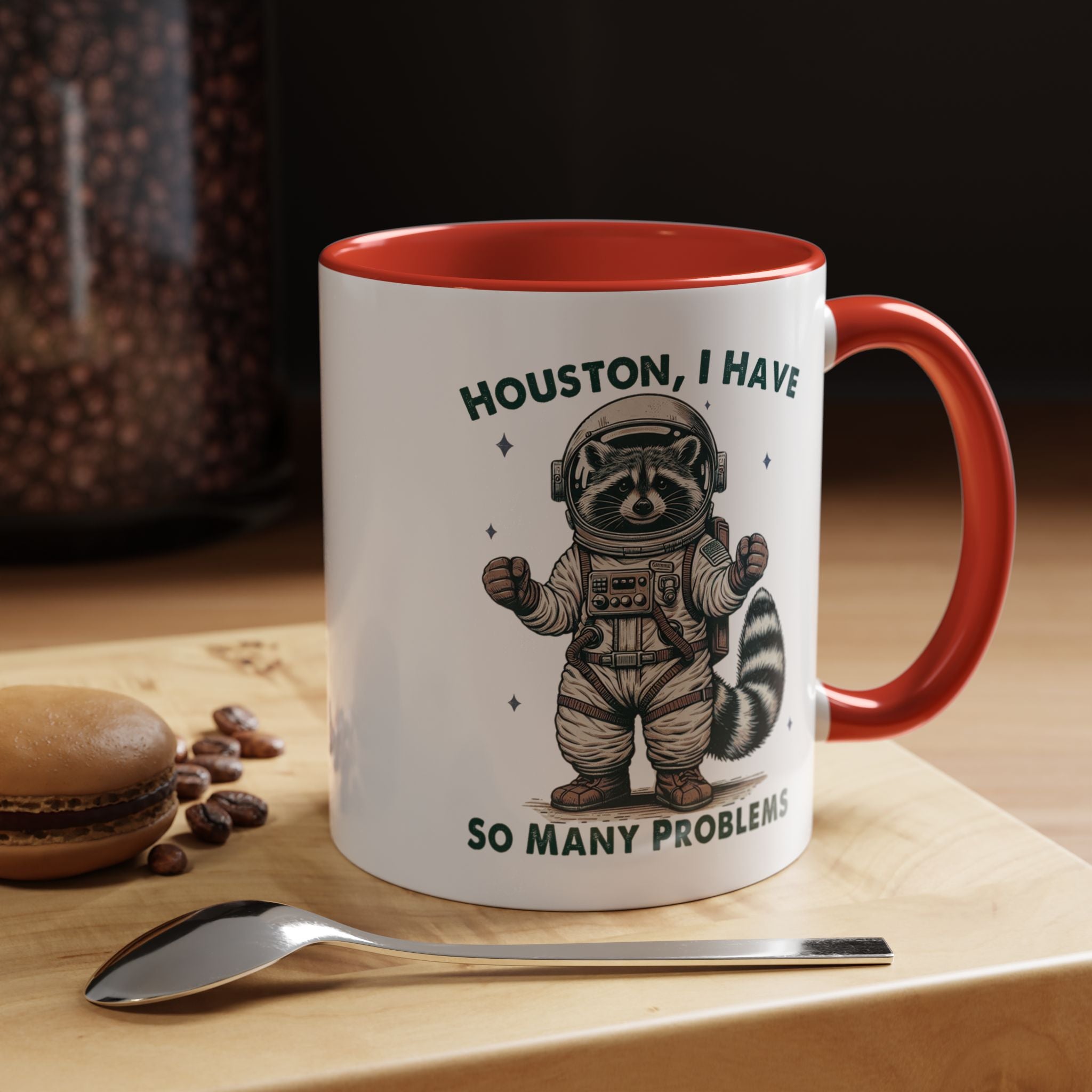 Funny Coffee Mug, Personalized Mug, Funny Racoon Houston I Have So Many Problems,  Accent Cup (11, 15oz), Gift Under 20, White Elephant gift