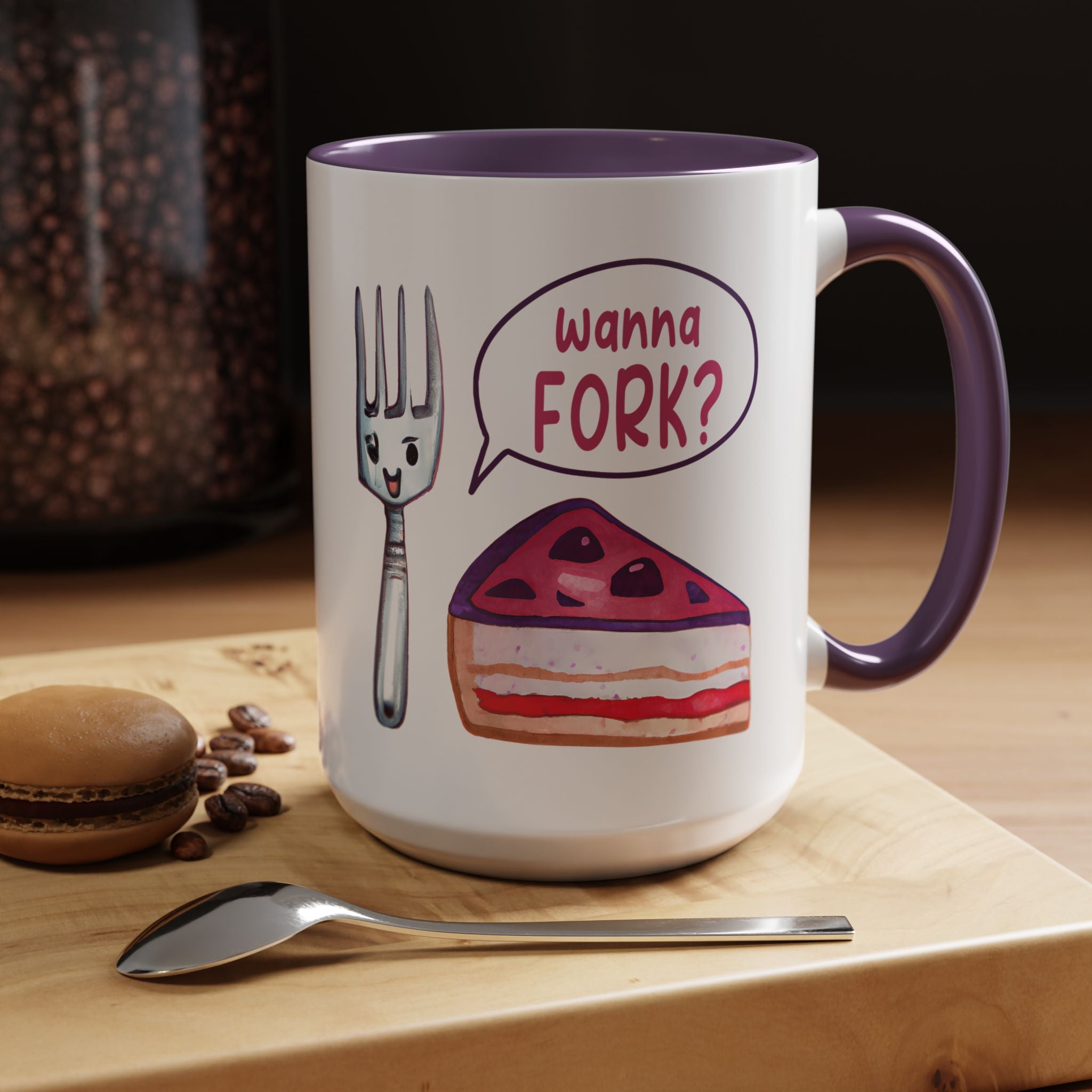Wanna Fork? Cute Cake & Fork Illustration Mug Lifestyle Mockup | Nutty Designs