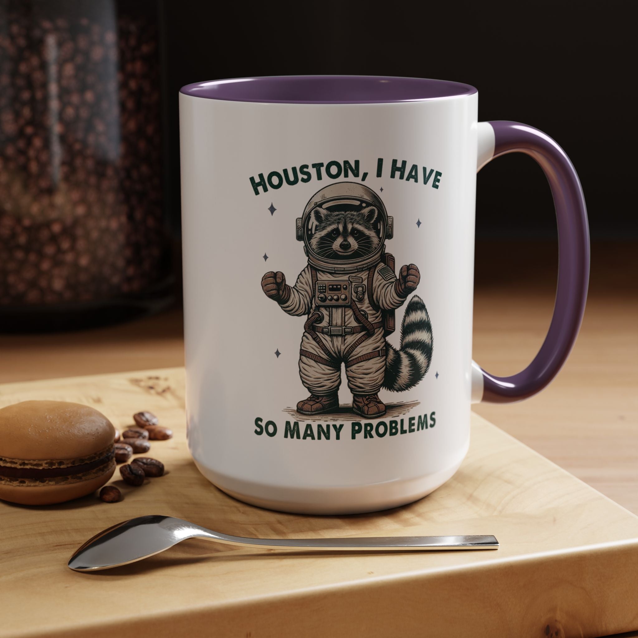 Funny Coffee Mug, Personalized Mug, Funny Racoon Houston I Have So Many Problems,  Accent Cup (11, 15oz), Gift Under 20, White Elephant gift