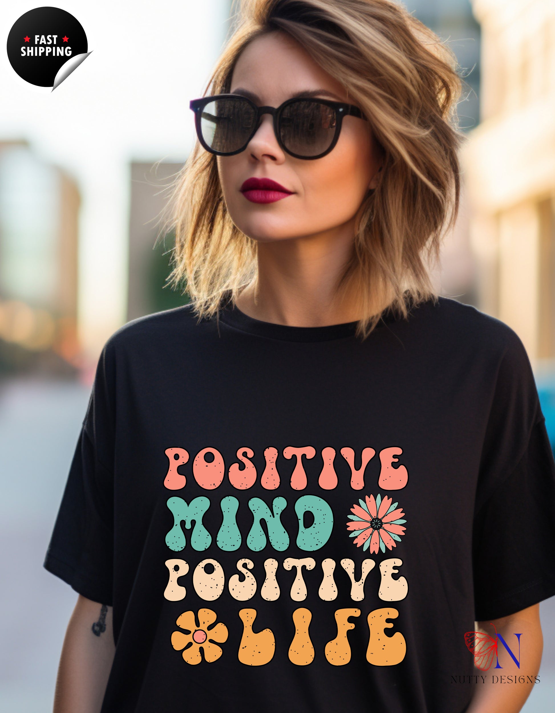 Positive Mind Positive Life — Good Vibes Only Encouraging T-Shirt Lifestyle Mockup | Nutty Designs