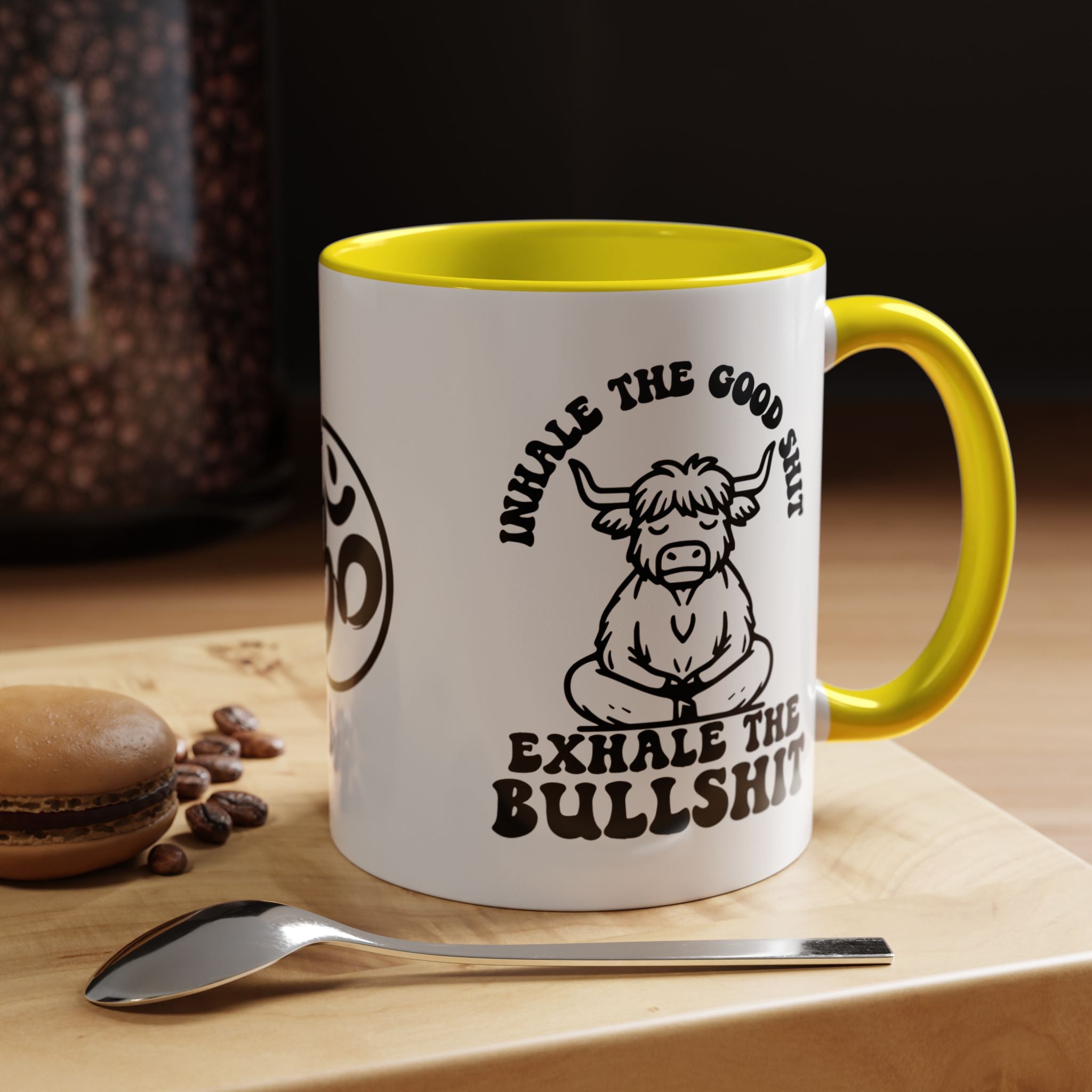 Inhale the Good Shit Exhale The Bullshit Cute Cow Chanting Om Accent Coffee Mug (11, 15oz)