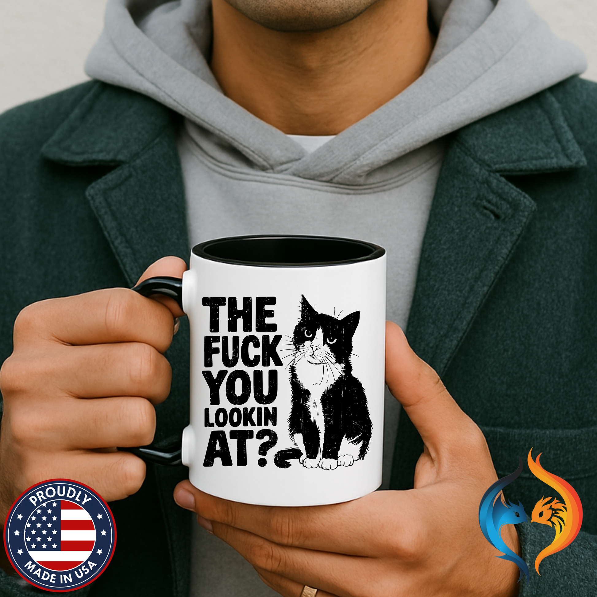 The FUCK You Lookin At Mug Lifestyle Mockup | Nutty Designs