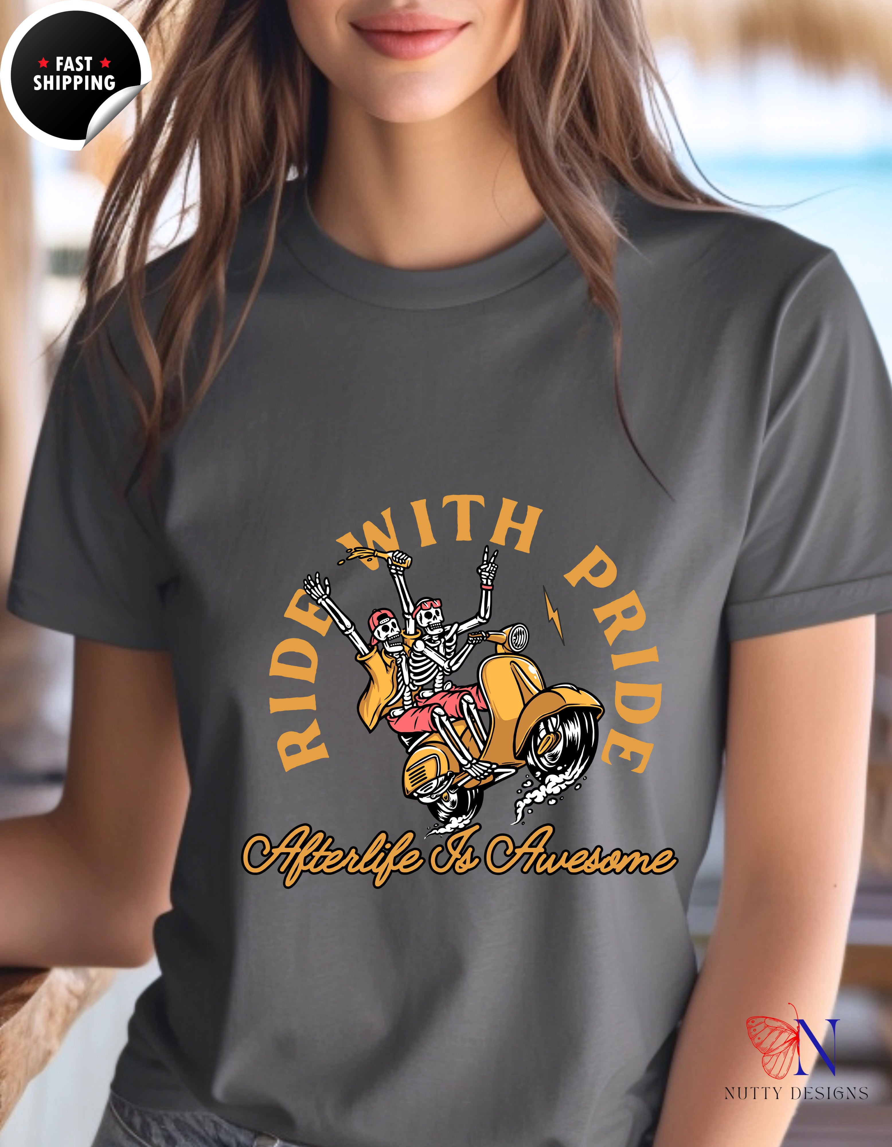 Ride With Pride Happy Skeletons T-Shirt Lifestyle Mockup | Nutty Designs