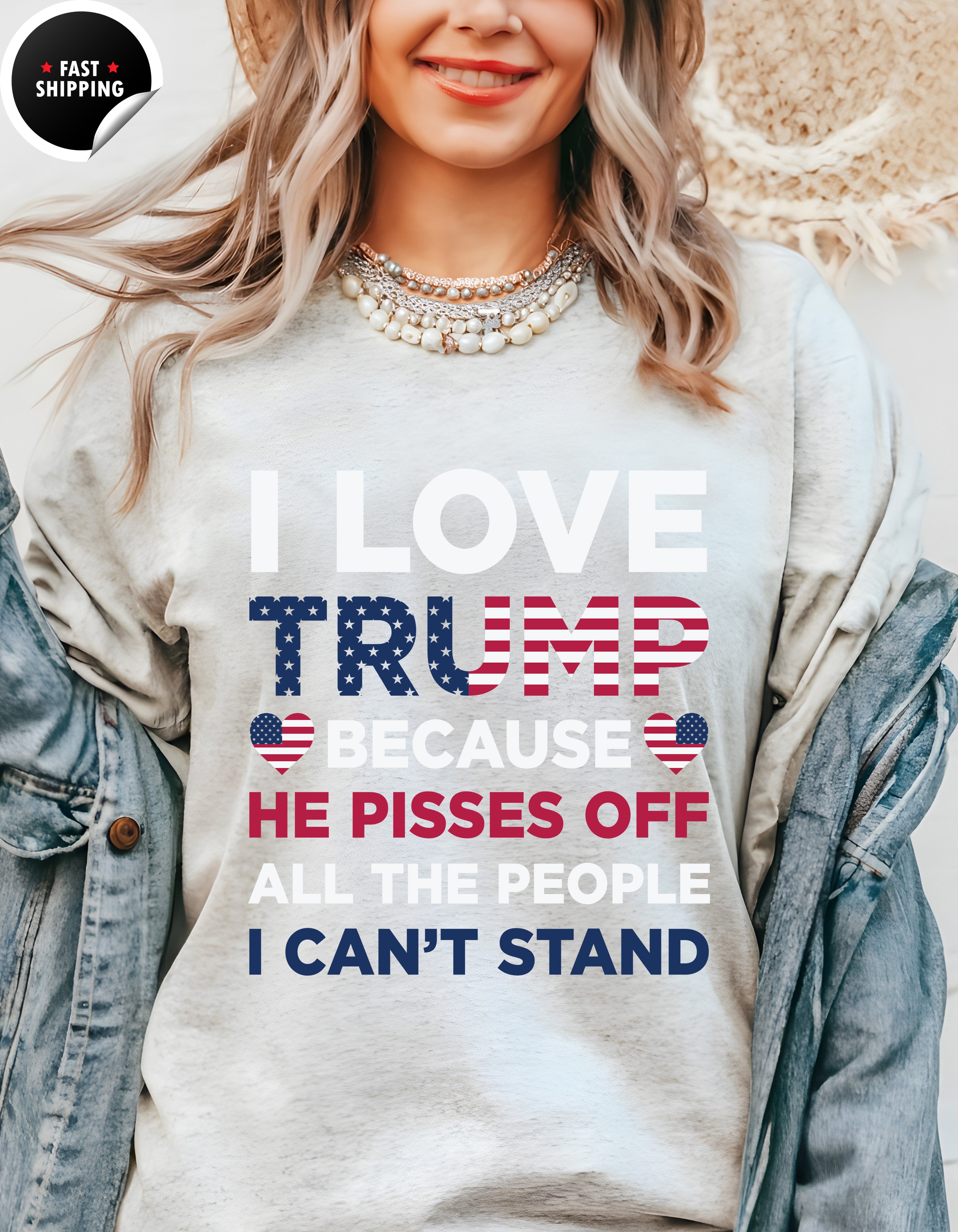 a woman wearing a t - shirt that says i love trump because he piss off