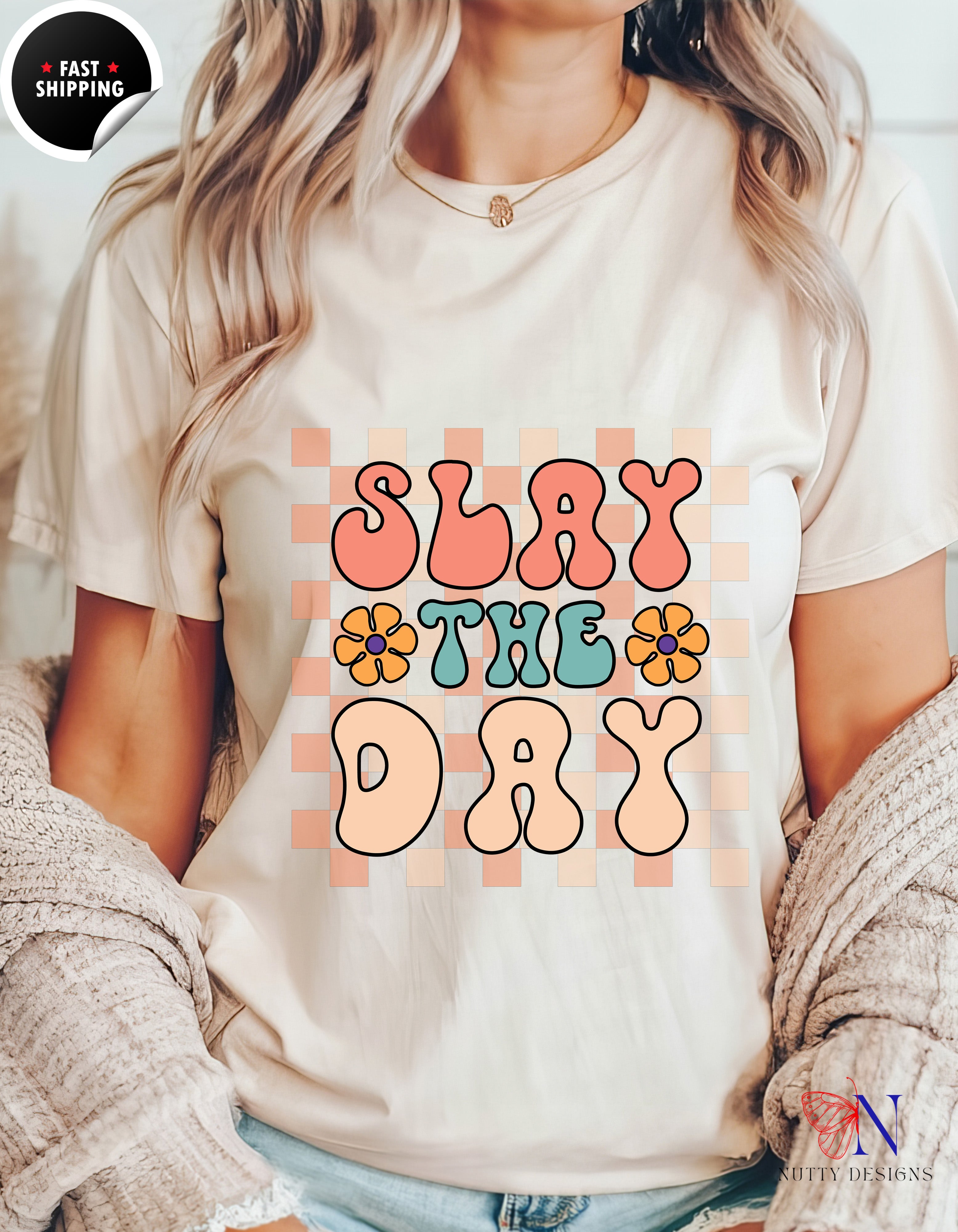 Slay The Day retro style , Inspirational Quotes, Positive T-Shirt Lifestyle Mockup | Nutty Designs