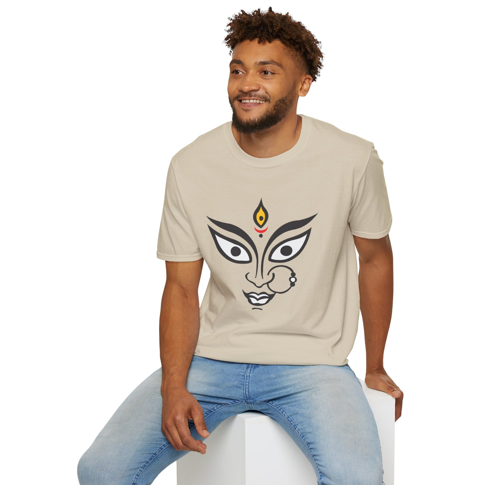 Man wearing beige Durga Maa graphic t-shirt, perfect gift for Diwali and Navratri celebrations, casual style for Hindu religion followers.